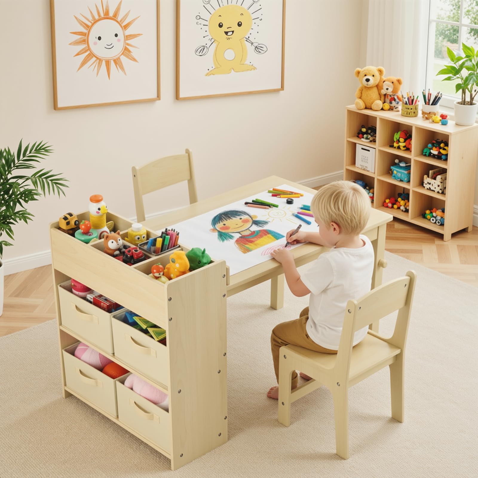 MAMIZO Tavolo per Bambini con 2 PCS Sedie, Tavolo in Legno con Rotolo di Carta, Mobile Montessori per Bambini 3-8 Anni, Ideale per Pittura/Leggere/Mangiare/Giocare, Montaggio Semplice Giallo