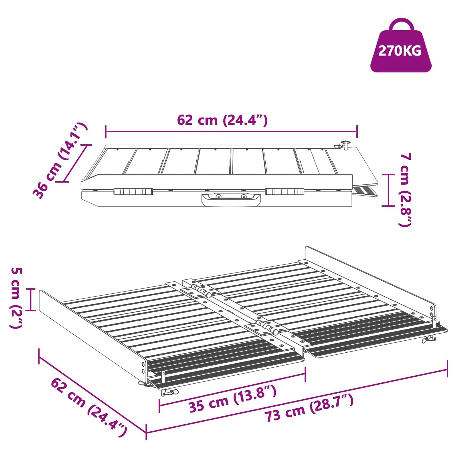 Rampa para sillas de ruedas de aluminio, 270 kg, plegable, 62 x 73 x 5 cm, plateada, antideslizante, para rampa de carga, rampa de carga, coche, moto, escaleras