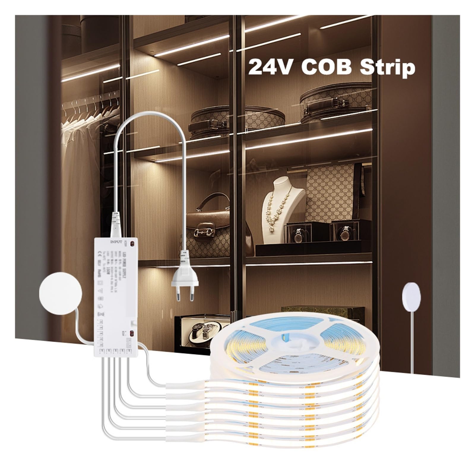 Tira LED COB de 24 V con enchufe múltiple y atenuador táctil, cinta adhesiva for iluminación de gabinetes de cocina, 1-6 piezas(Neutral White,5X COB STRIP LIGHT_5M_EU POWER PLUG)