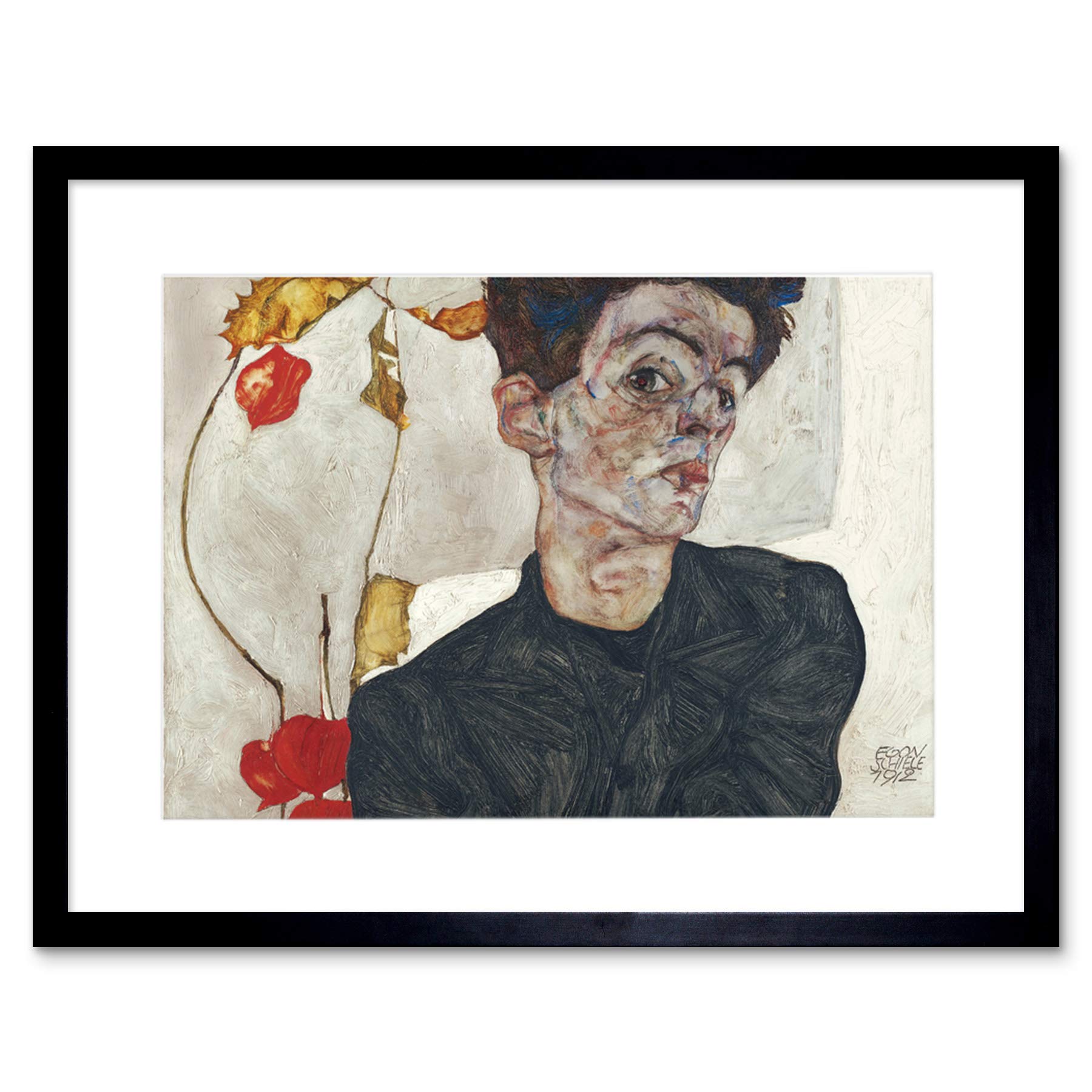 Wee Blue Coo Schiele Self Portrait With Physalis Artwork Framed Wall Art Print 12X16 Inch