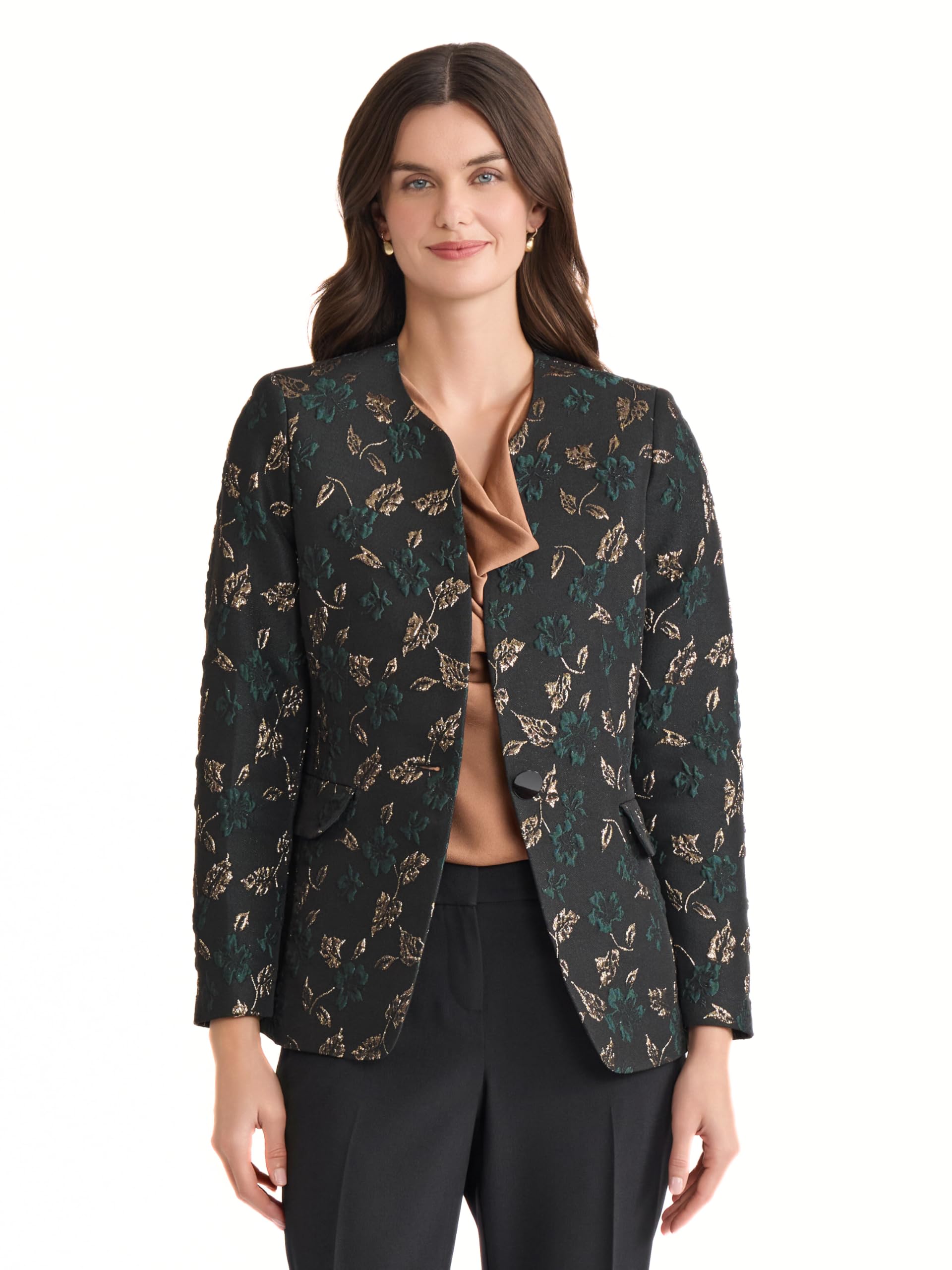 Kasper Womens Collarless One-Button Jacquard Blazer