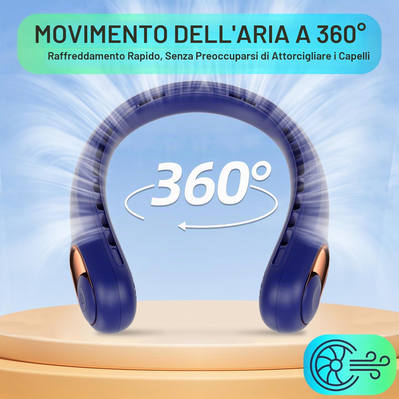 Ventilatore da collo, portatile, senza pale, con display a LED, flusso d'aria a 360°, batteria ricaricabile da 4000 mAh, super silenzioso, per interni ed esterni, blu reale
