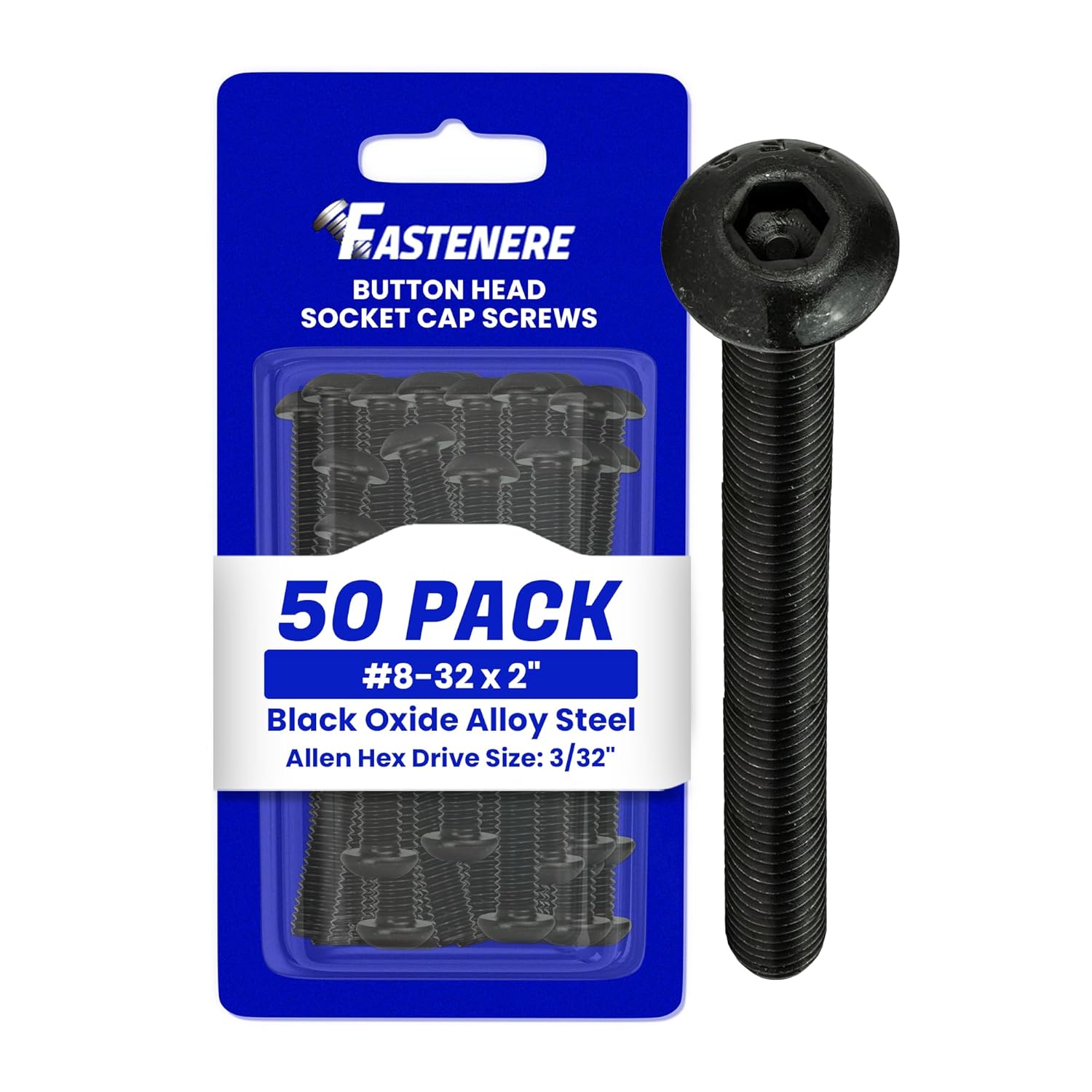 Fastenere Button Head Socket Cap Screws - 8-32 x 2 (50-Pcs) Alloy Steel, Fully Threaded, Fine Black Oxide Finish, Corrosion-Resistant, Machine Thread, Easy to Install w/Allen Hex Drive