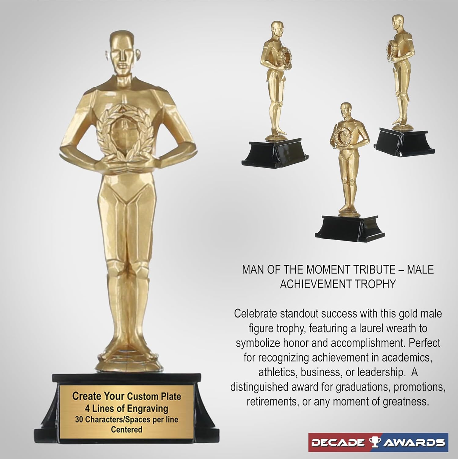 Decade Awards Personalized Male Achievement Trophy - Engraved Golden Achievement Award - Celebrate Success in All Endeavors - Customize Now (8 Inch)
