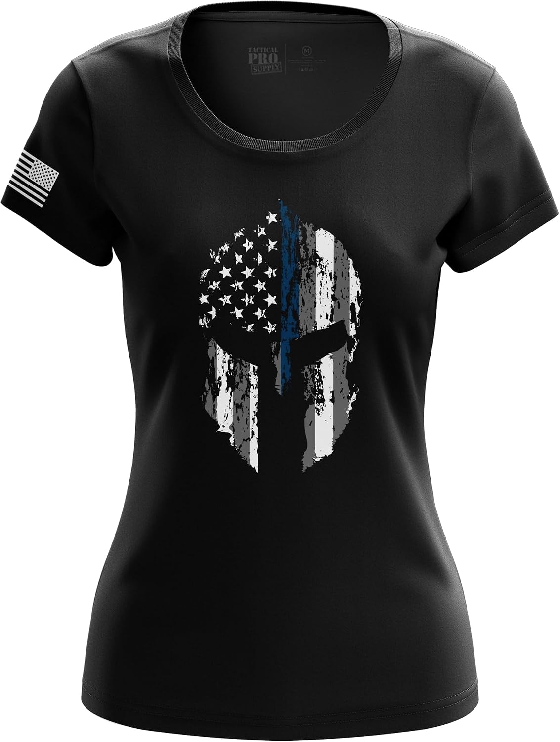 Women’s Blue Line Patriotic T-Shirt, Cotton Classic Fit Crew Neck American Flag Graphic Tee, Made in USA