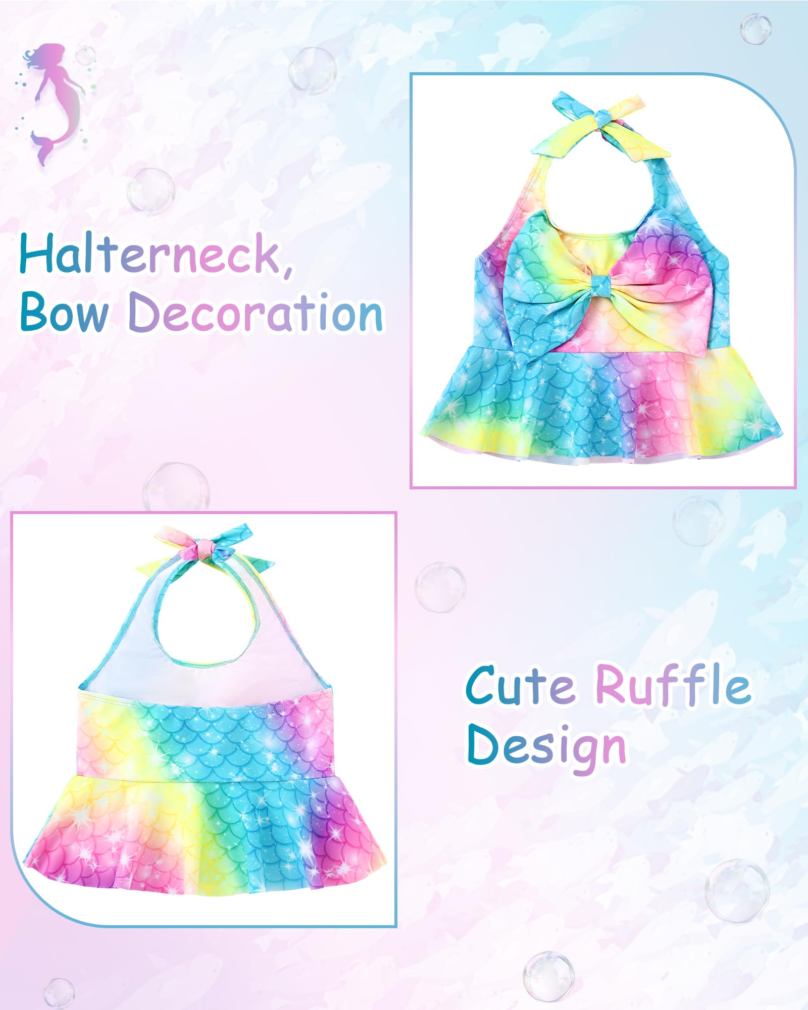 Mädchen Badeanzug Meerjungfrau 3PCS Prinzessin Badeanzug Tankini für Kinder Schleife Rüschen Neckholder Bademode