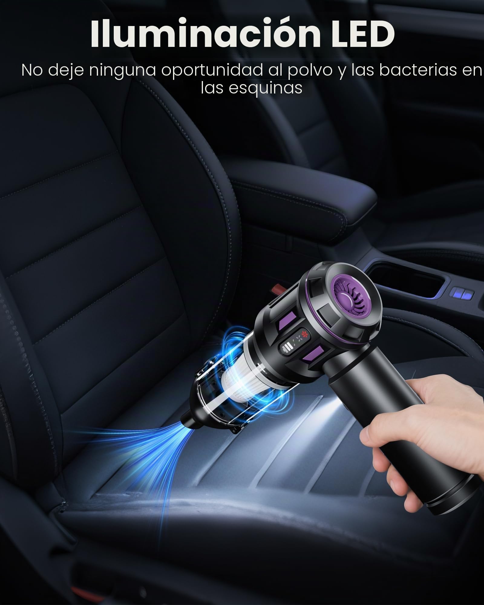 Aspirador de mano con batería para aspiradora de mano con pantalla digital e iluminación LED, 21000 Pa sin escobillas Motor Aspirador Coche Aspiradora de 3 etapas Mini Aspiradora Adecuado para