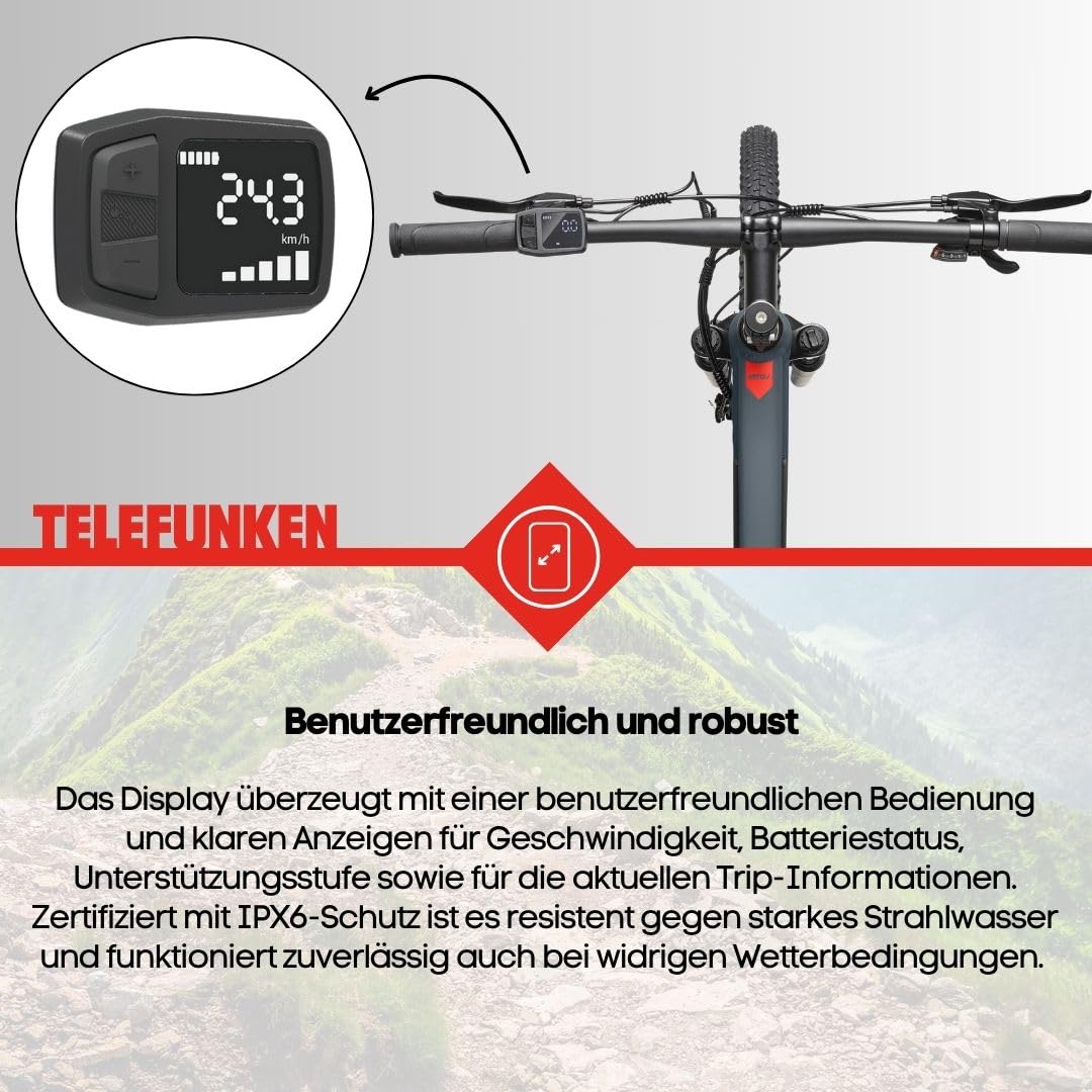TELEFUNKEN E-Bike Mountainbike 29 Zoll für Herren und Damen | Elektrofahrrad mit 250W Hinterradmotor & 468 Wh Akku | 7-Gang Kettenschaltung | Scheibenbremsen | MTB Hardtail Pedelec