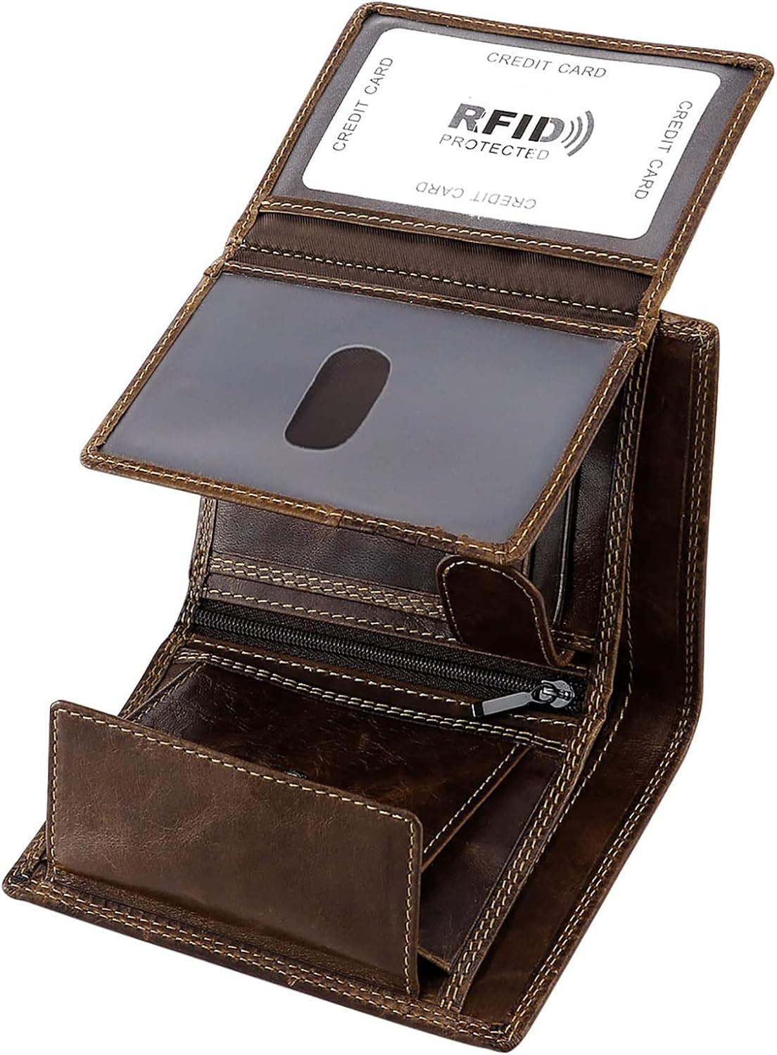 Trifold Billfold RFID Blocking Cowhide Leather Wallet for Men 10 Card Slots 2 ID Windows with Coin Pocket