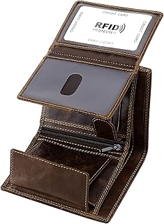 Trifold Billfold RFID Blocking Cowhide Leather Wallet for Men 10 Card Slots 2 ID Windows with Coin Pocket