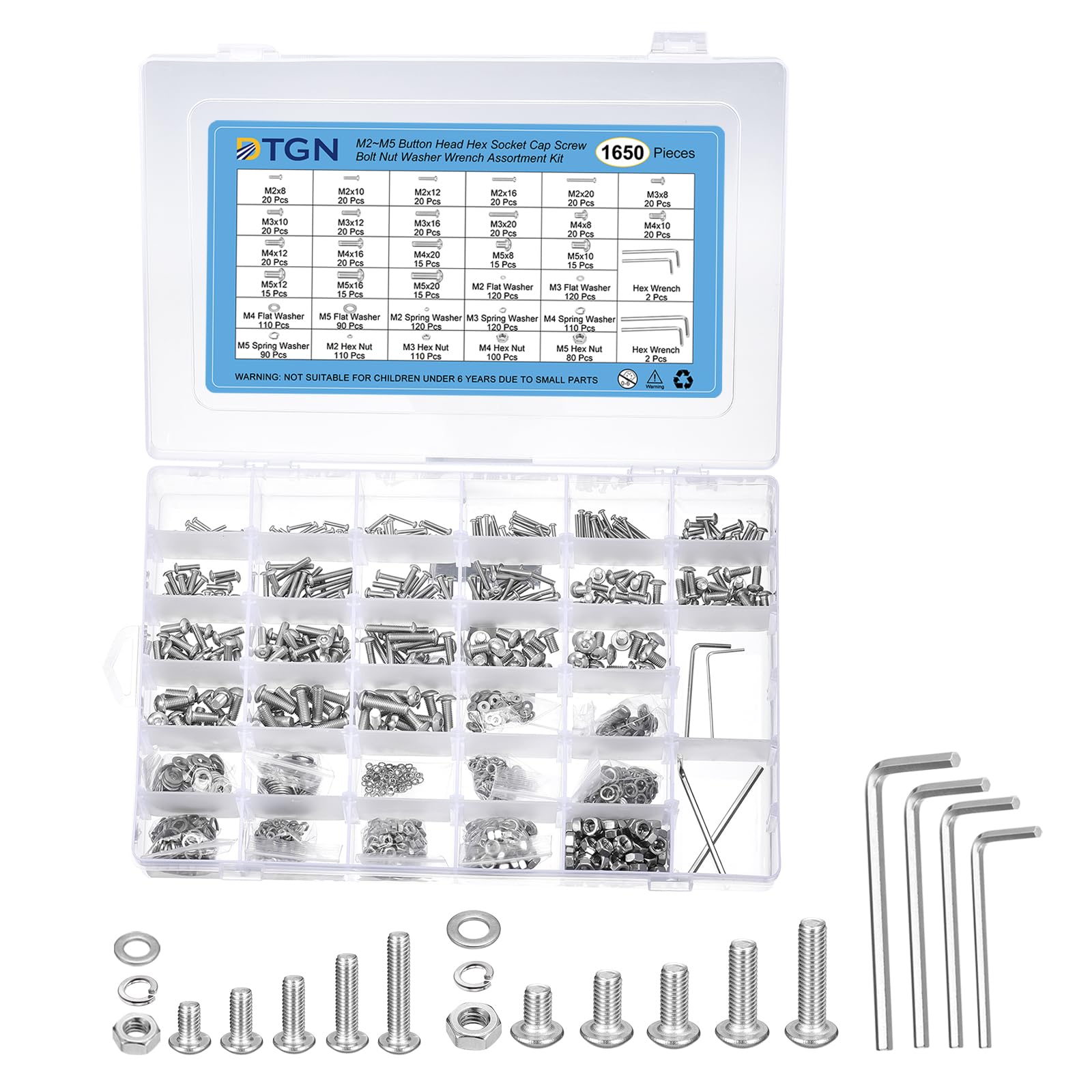 DTGN 1650Pcs M2/M3/M4/M5 Button Head Hex Socket Cap Screw, 8-20mm Bolt Nut Washer Wrench Assortment Kit 304 Stainless Steel