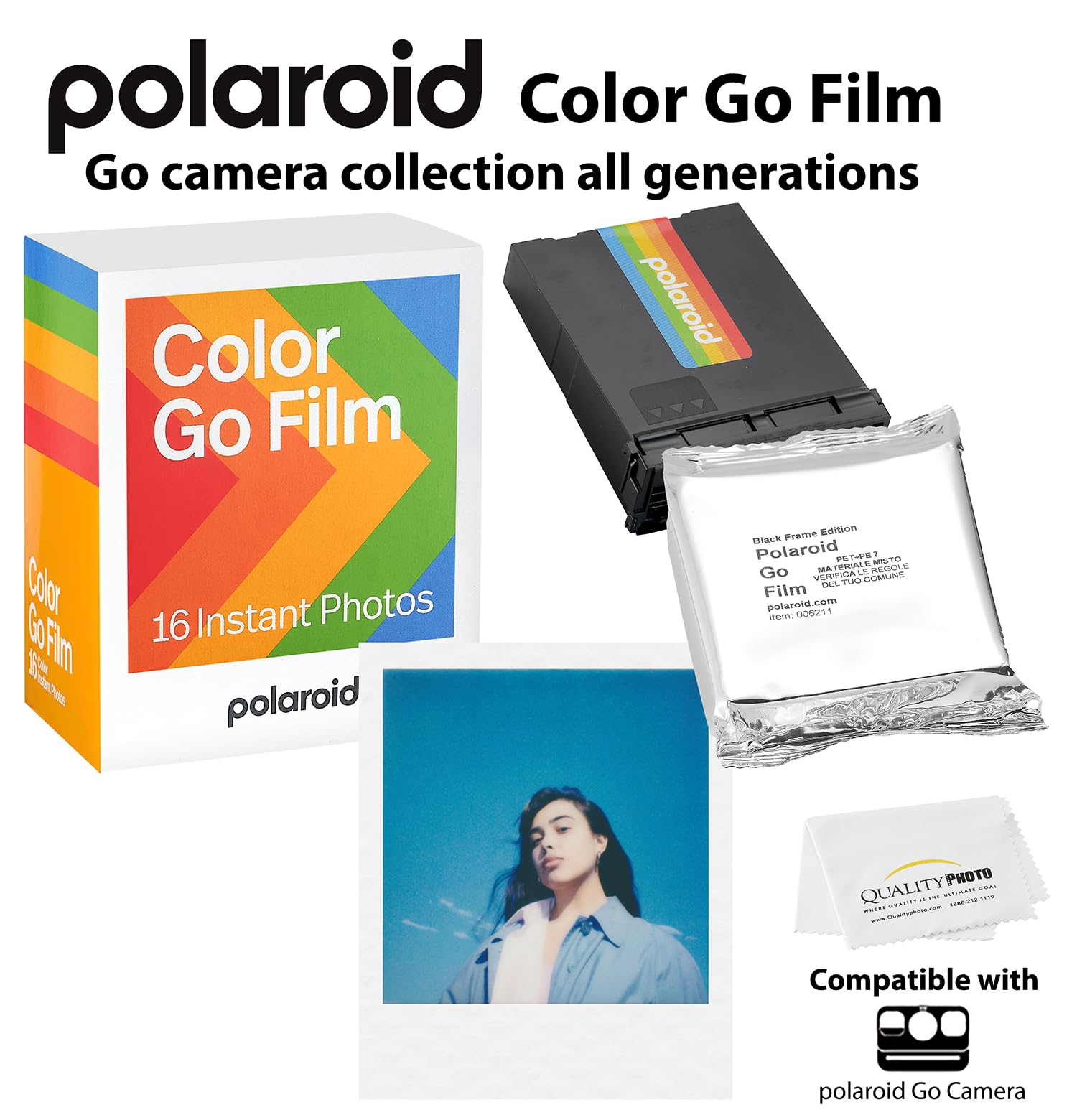 Polaroid Go Color Pellicule, cadre blanc + chiffon en microfibre de qualité (uniquement compatible avec les appareils photo Polaroid Go) (lot de 2 (32 feuilles)