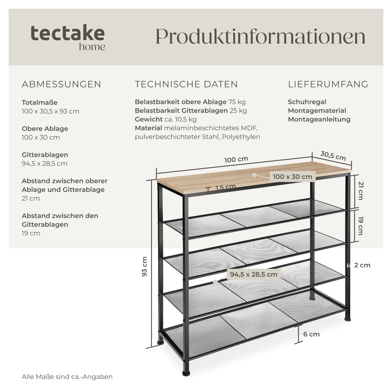 tectake® Schuhregal schmal mit Ablagefläche, Schuhbank 5 Ebenen, 4 Gitterablagen, Schuhregal platzsparend 100 x 30,5 x 93 cm, Flur Regal, Schuhschrank, Garderobe (Industrial Holz hell, Eiche Sonoma)