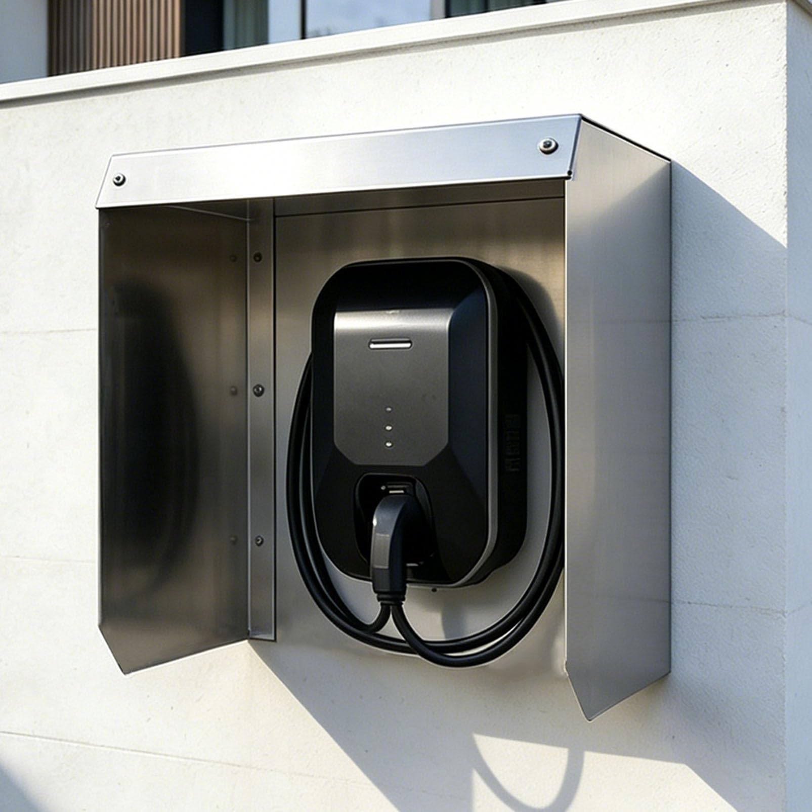 Générique Boîtier de Protection Étanche pour Borne de Recharge Véhicule Électrique en Acier Inoxydable, Bouclier Météorologique pour Station de Recharge VE Extérieure Renforcée
