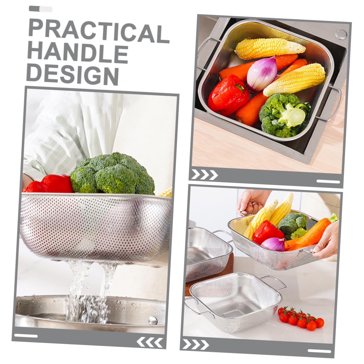 Colador de Acero Inoxidable con Asas Dobles, 1 Pieza, Plata | Gran Capacidad, Drenaje y Filtrado de Agua, Formato Cuadrado para Lavado de Frutas y Verduras