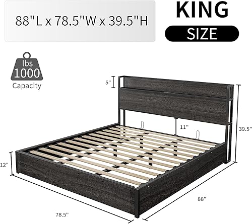 Miniatura 42 de Cama de almacenamiento elevable de tamaño matrimonial, marco de cama de plataforma de madera con cabecera de almacenamiento y estación de carga, no
