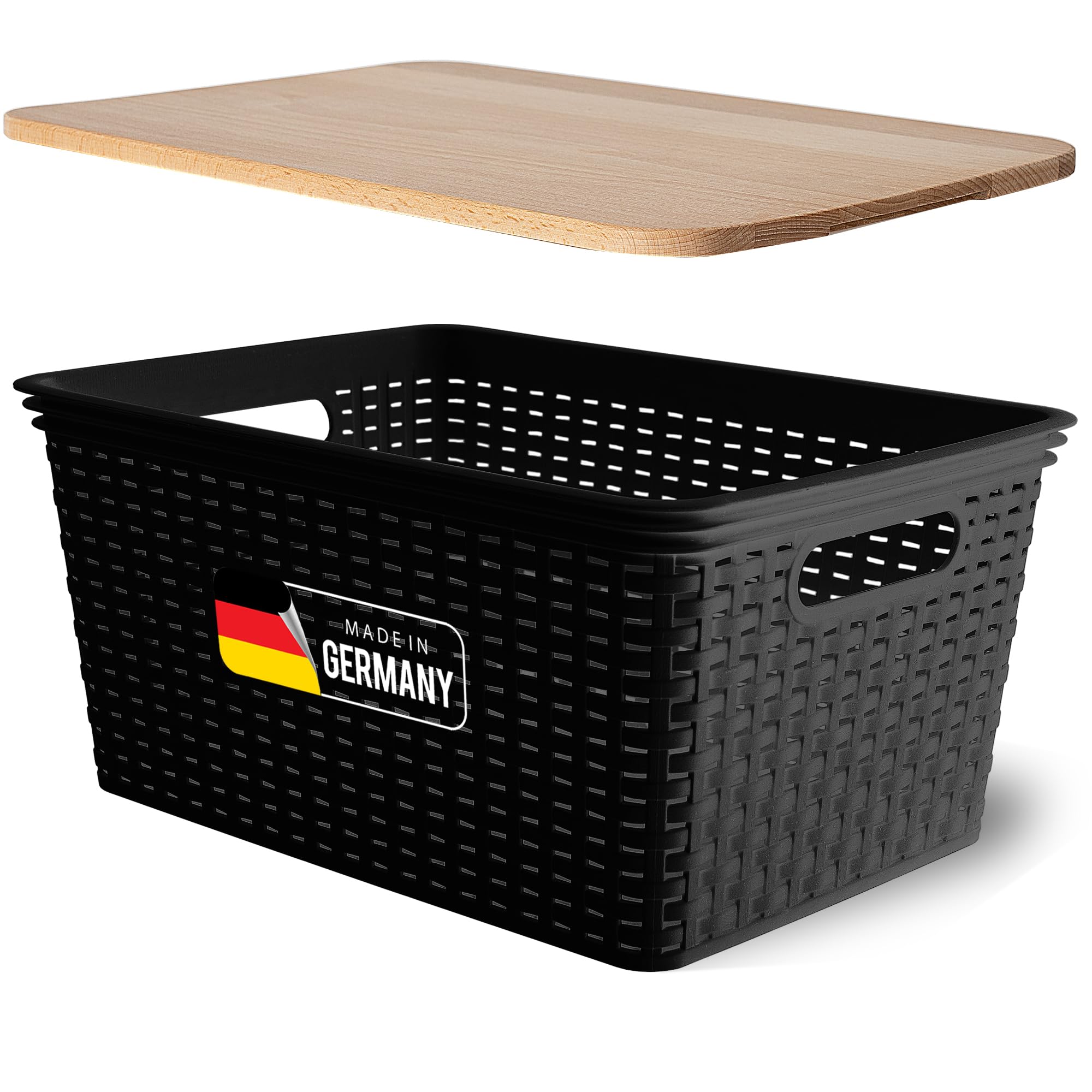 Novaliv Caja de almacenamiento con tapa de madera, cesta grande de 14 L, color negro, en diseño de ratán, apto para alimentos, cesta apilable, de plástico, sin BPA, con tapa