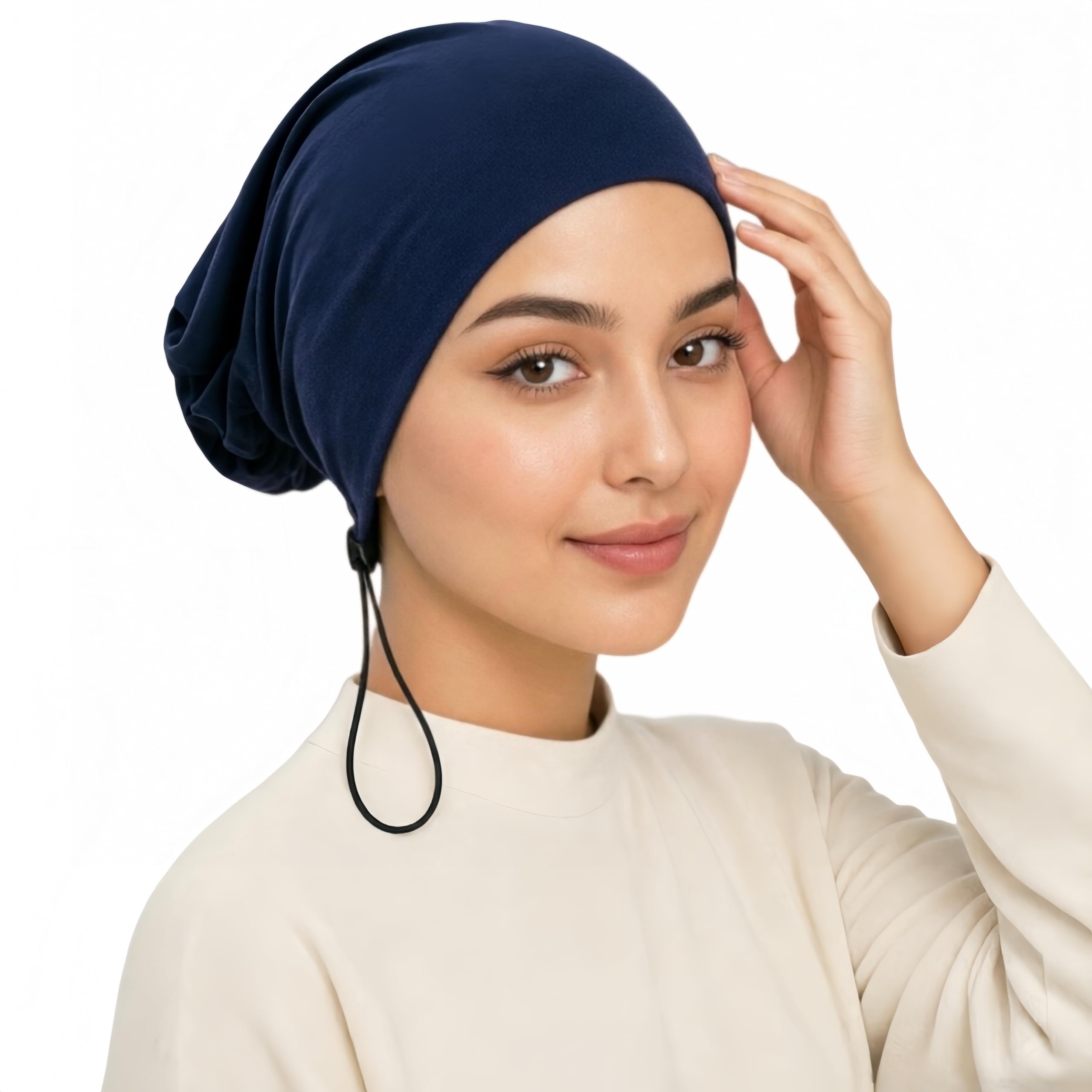 Hophor Women's Adjustable Elastic Drawstring Hijab Undercap, Soft Stretchy Jersey Underscarf Hijab Liner Hat, Navy, One size