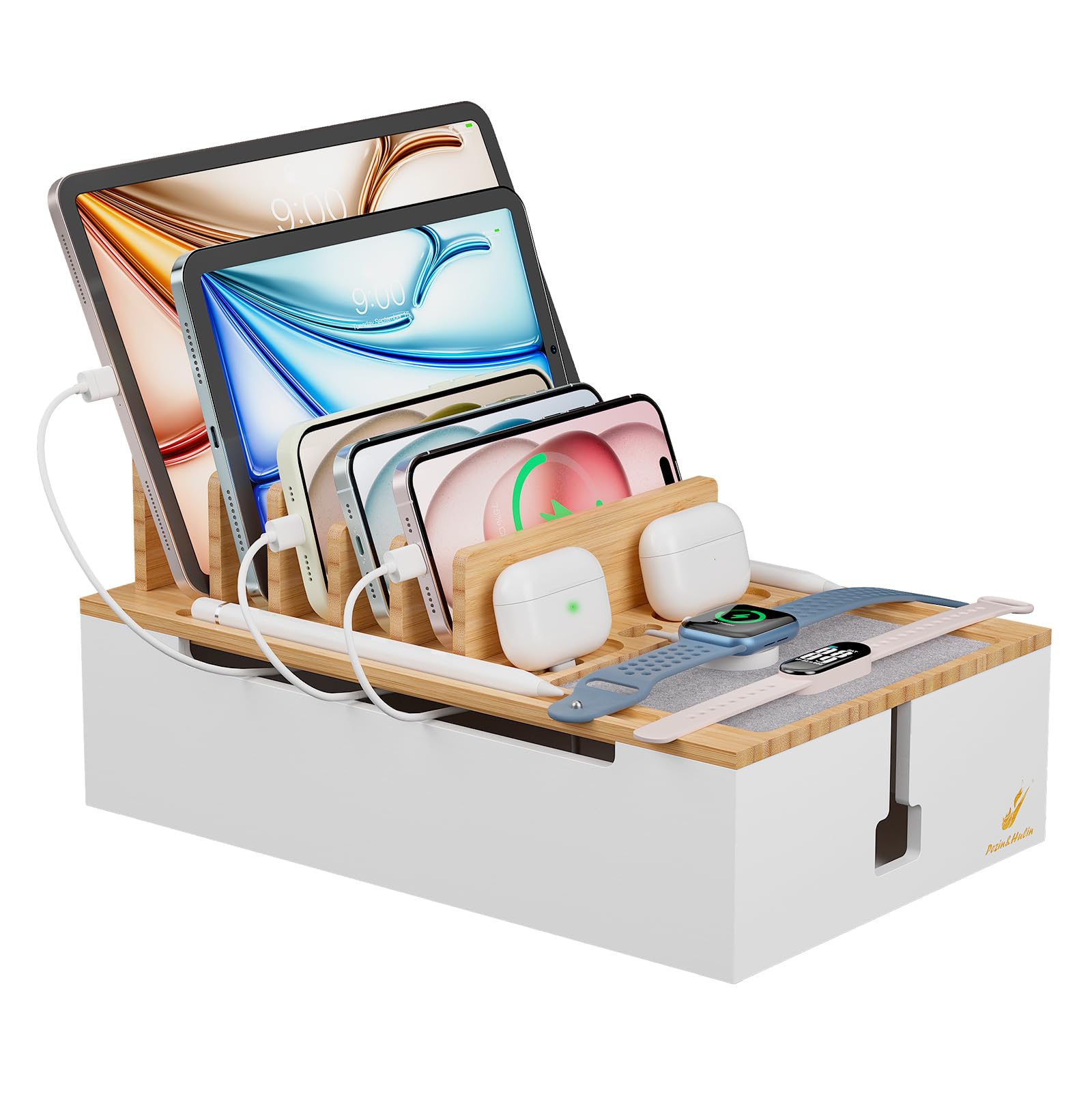 Pezin & Hulin 竹製スマホ収納ボックス コンセント収納 充電スタンド 配線整理 Ｌサイズ14.5ｘ30ｘ19ｃｍ ナチュラル＋ホワイト