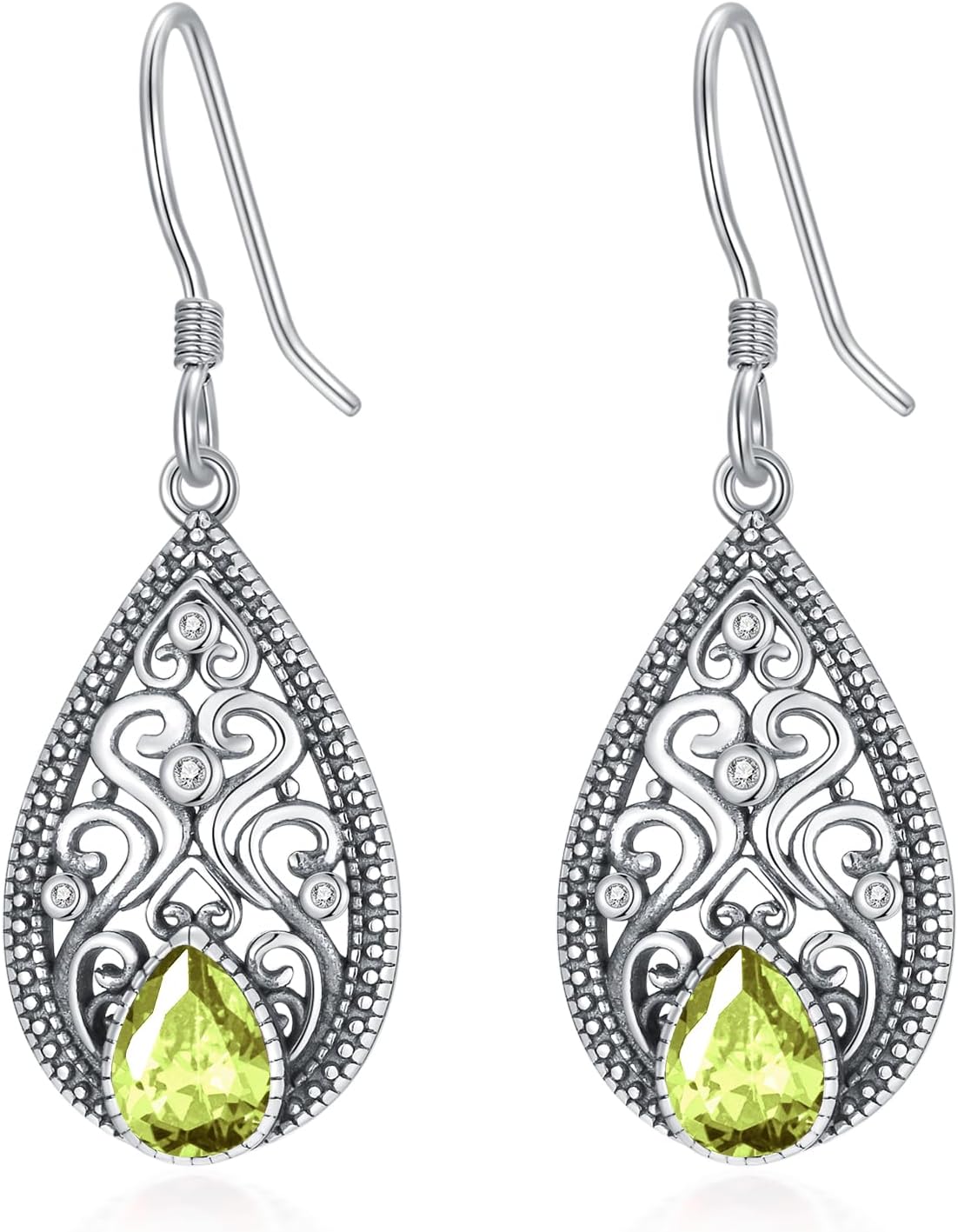 925 Sterling Silver Vintage Retro Filigree Dangle Drop Earrings with 7mm Teardrop 12 Months Birthstone Birthday Jewelry Gifts for Women Her