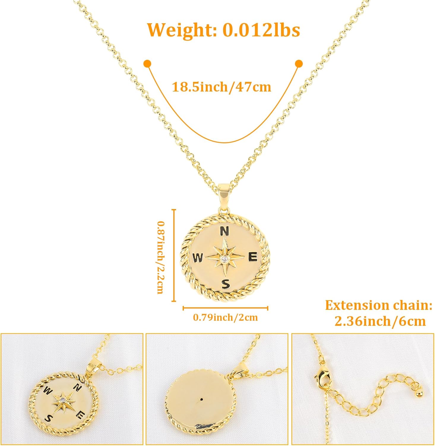 Gold Compass Pendant Necklace for Women Men 14K Gold Plated Compass Coin Necklace with Cubic Zirconia North Star Adjustable Chain Round Charm Travel Jewelry Inspirational Graduation Gift for Her - Image 2