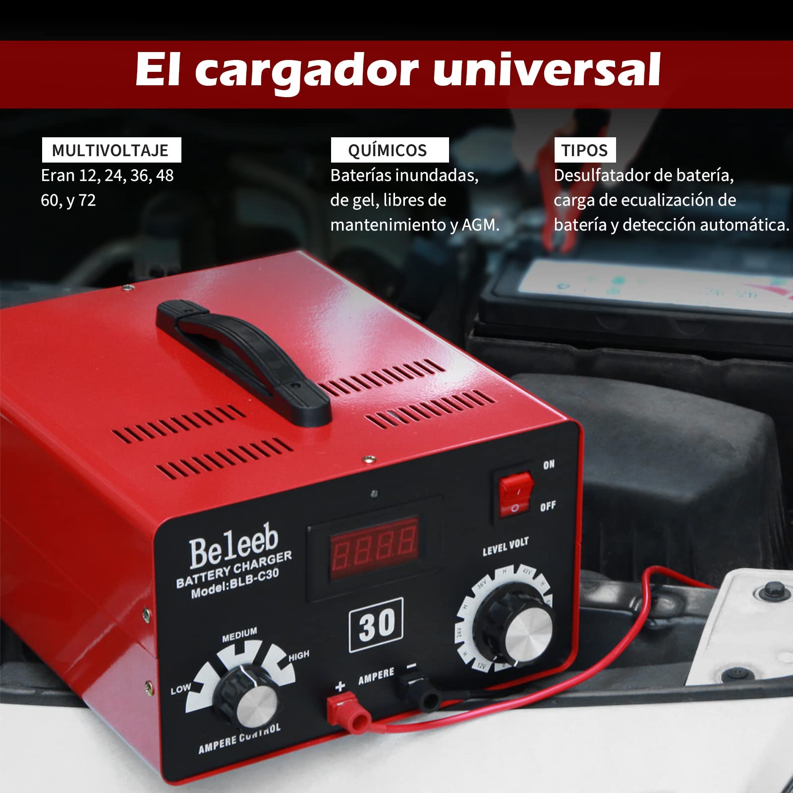 Beleeb Series C30 Cargador de batería 12V 24V 36V 48V 60V 72V, Pulsos de Alto Voltaje Mantenedor de desulfatador de batería para baterías de Iones de Litio de Plomo-ácido
