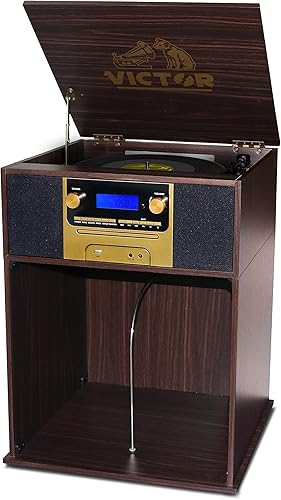 VICTOR Boyleston - Centro de música para tocadiscos 7 en 1 con reproductor de grabación de 3 velocidades, reproductor de CDMP3, radio AMFM, entrada
