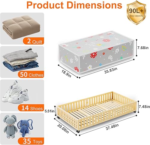Miniatura 7 de Contenedores de almacenamiento de bambú debajo de la cama, almacenamiento debajo de la cama con ruedas y bolsa de polvo de gran capacidad de 90 L,