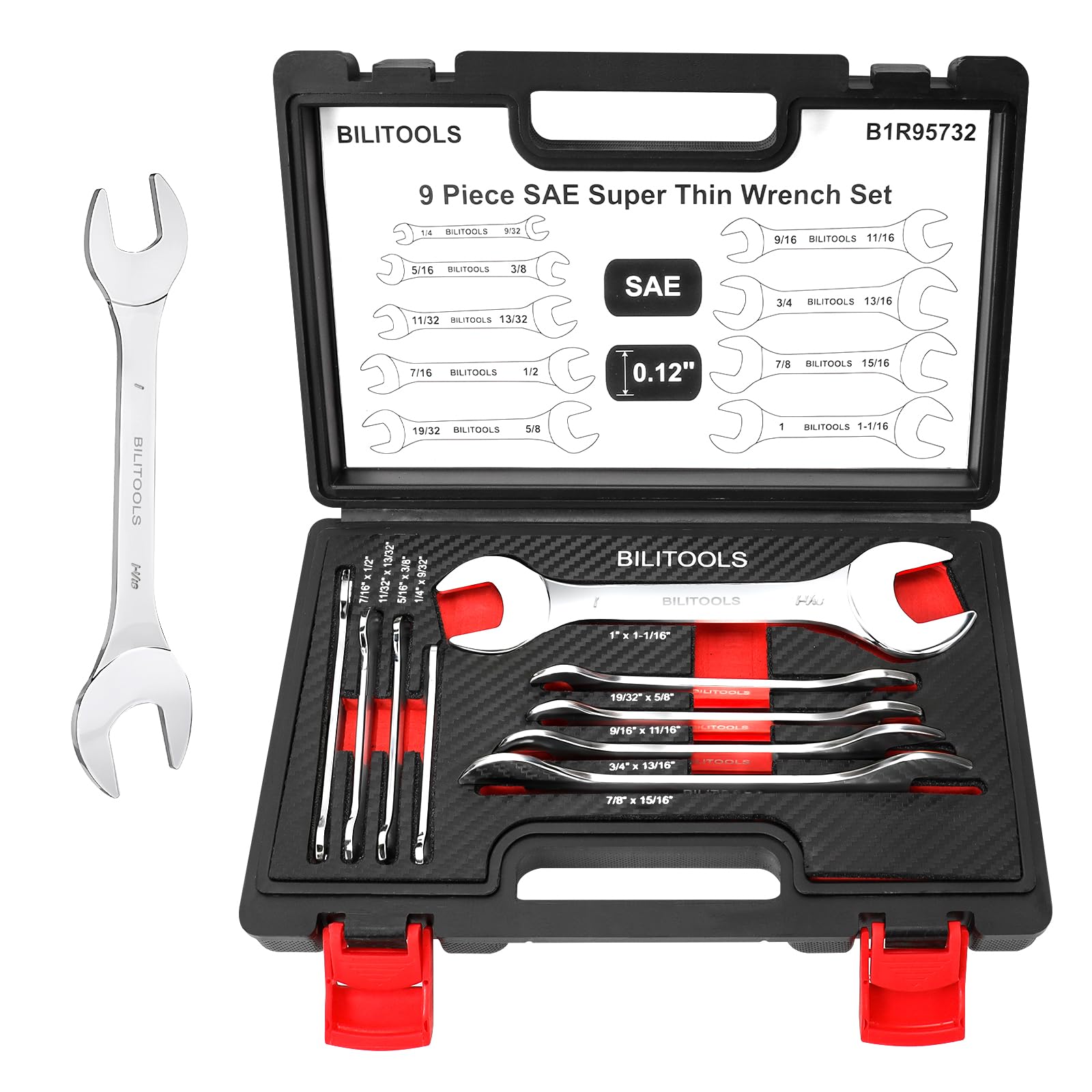 BILITOOLS Super-Thin Wrench Set, 9 Piece SAE Open End Wrench Set, Including 1/4, 9/32, 5/16, 3/8, 11/32, 13/32, 7/16, 1/2,19/32, 5/8, 9/16, 11/16, 3/4