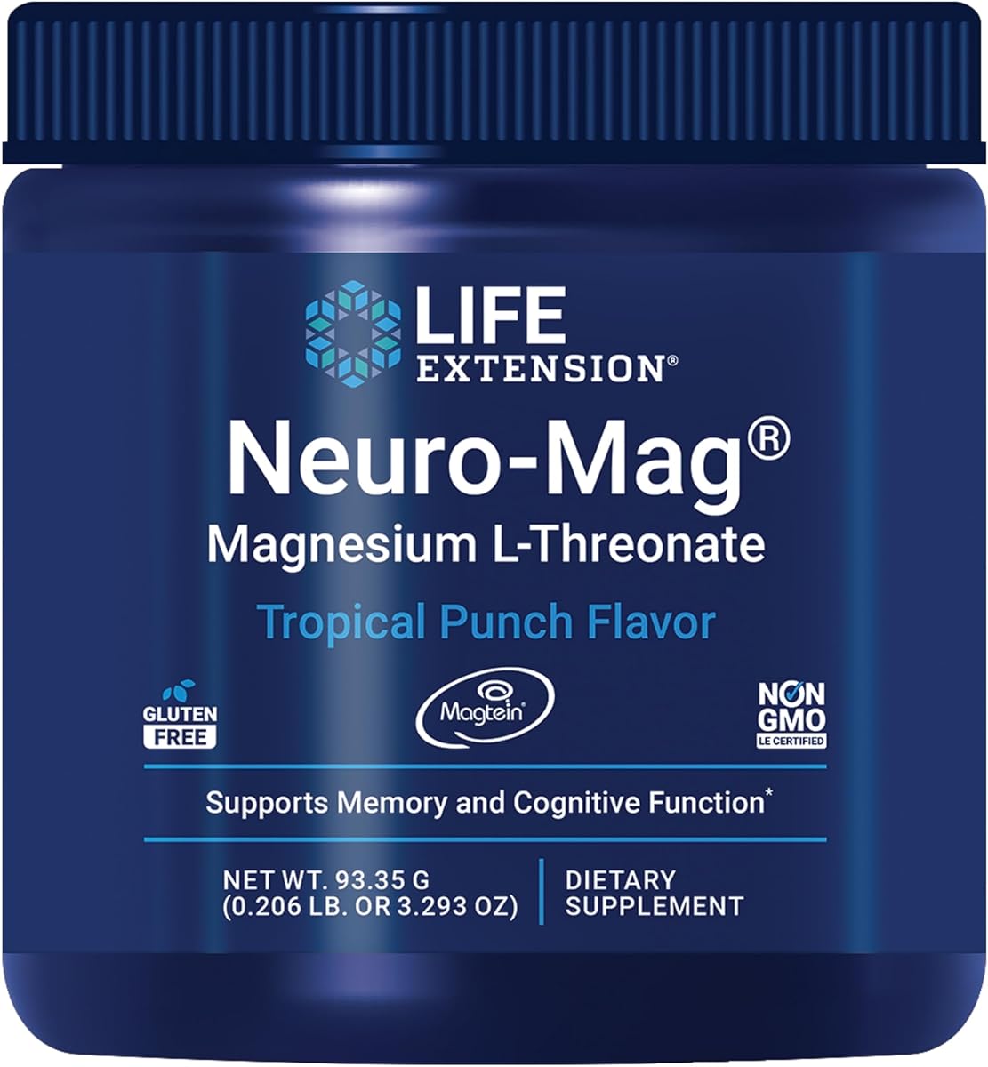 Life Extension Neuro-Mag Magnesium L-Threonate Powder (Tropical Punch) - Ultra-Absorbable Magnesium - Supports Memory, Focus, Cognitive Function & Mood - Gluten free, Non-GMO, Vegetarian (30 Servings)