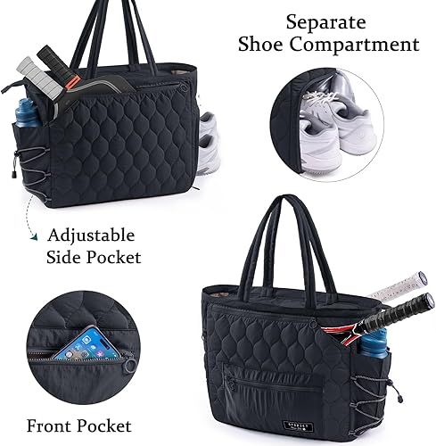 Miniatura 5 de Bolsa de tenis para mujer, bolsa de tenis con capacidad para 2-4 raquetas con compartimento para zapatos y bolsillo húmedo, bolsas de lona