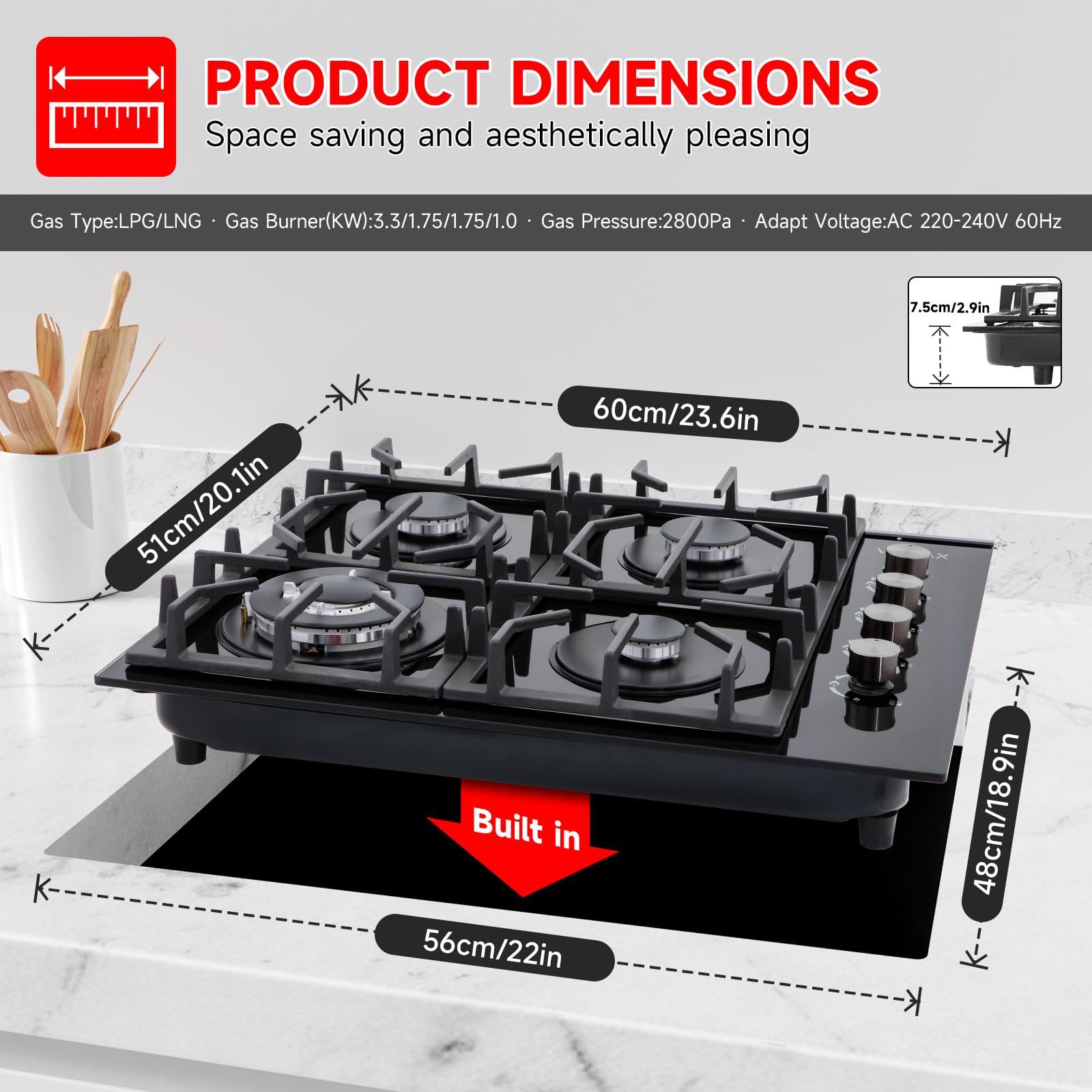 Piano Cottura A Gas Da Incasso In Vetro PROFESSIONAL - P 60 4L PRO GNE Serie Professional By - Foto 2