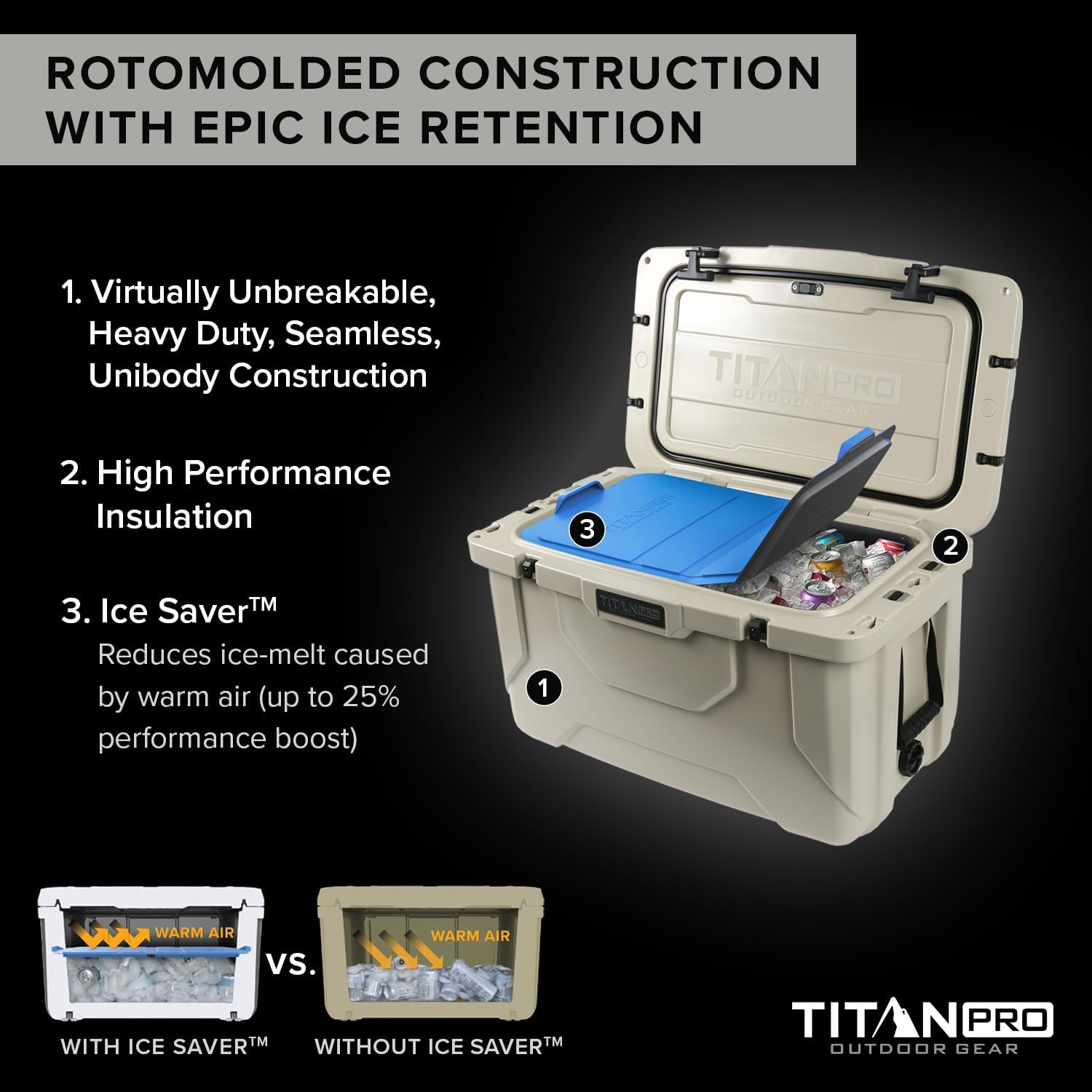 Titan PRO High Performance Ice Chest - 55 Quart Capacity - Hard Cooler with Interior LED Light, Dry Bin, Ice Saver Performance Booster and Microban Protection - Driftwood Tan