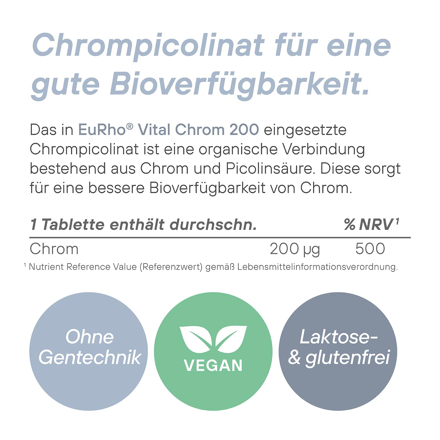Chrom Tabletten | Nahrungsergänzungsmittel mit Chrompicolinat | Hochdosiert mit 200 mcg Chrom pro Tablette | 60 Tabletten für 2 Monate | EuRho® Vital – Made in Germany