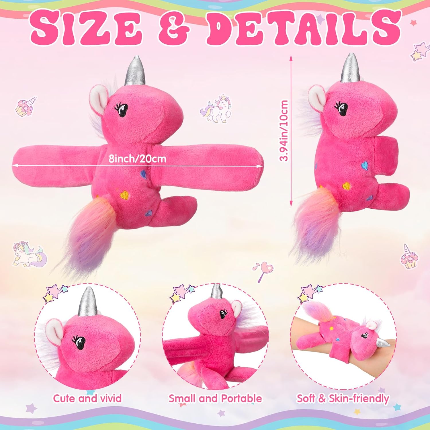 Liliful 8 Pack Kids Plush Gifts Stuffed Animal Cat Slap Bracelets - 8 Inch Graduation Class Prizes Toys Wrist Band Cute Snap Bracelet Birthday for Boys Girls Child Pet Adoption Party Favors(Unicorn)