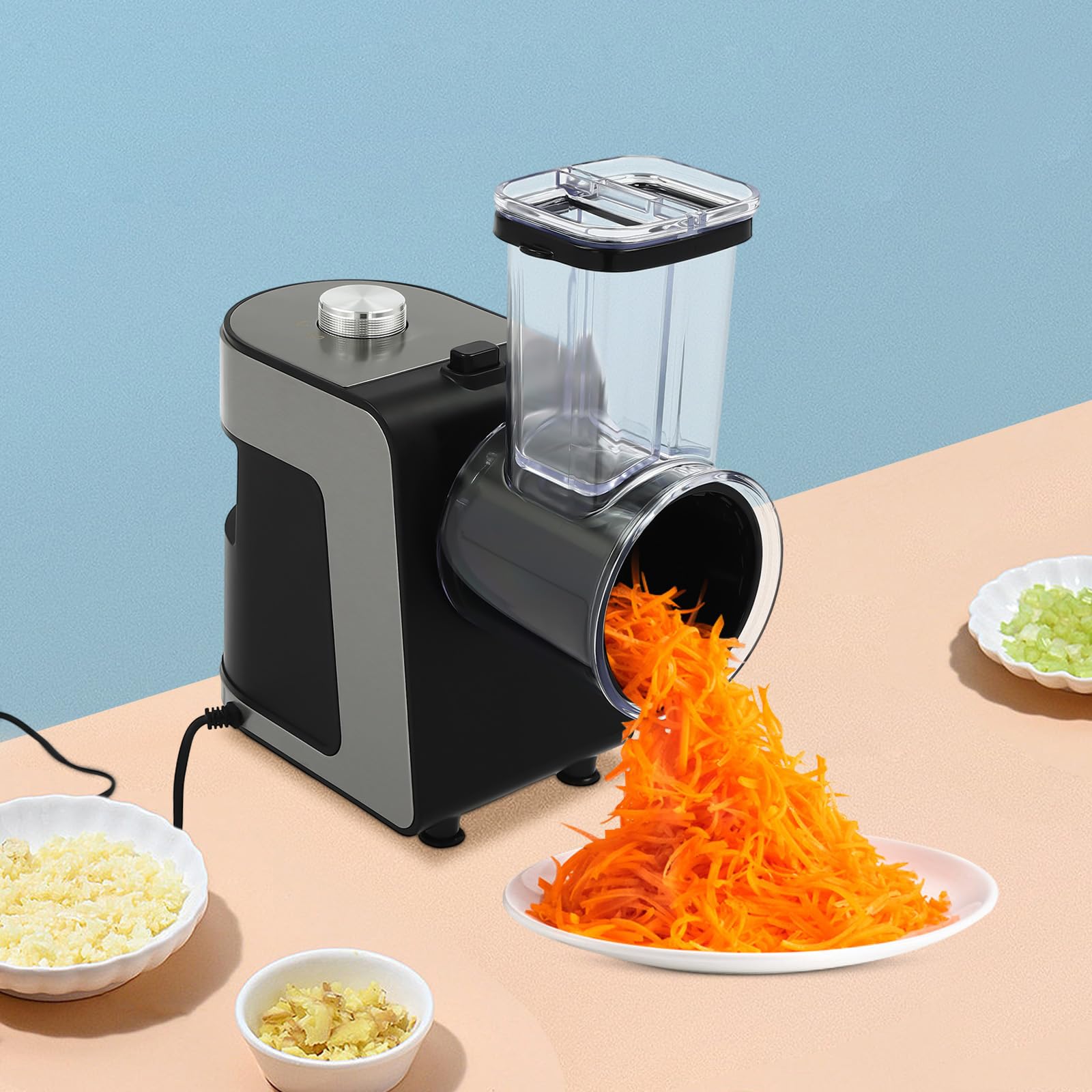 Cortador de verduras eléctrico de 1000 W, rallador de queso eléctrico, cortador de verduras con 10 cuchillas y gran boquilla de llenado, base antideslizante, rallador eléctrico para frutas, verduras y