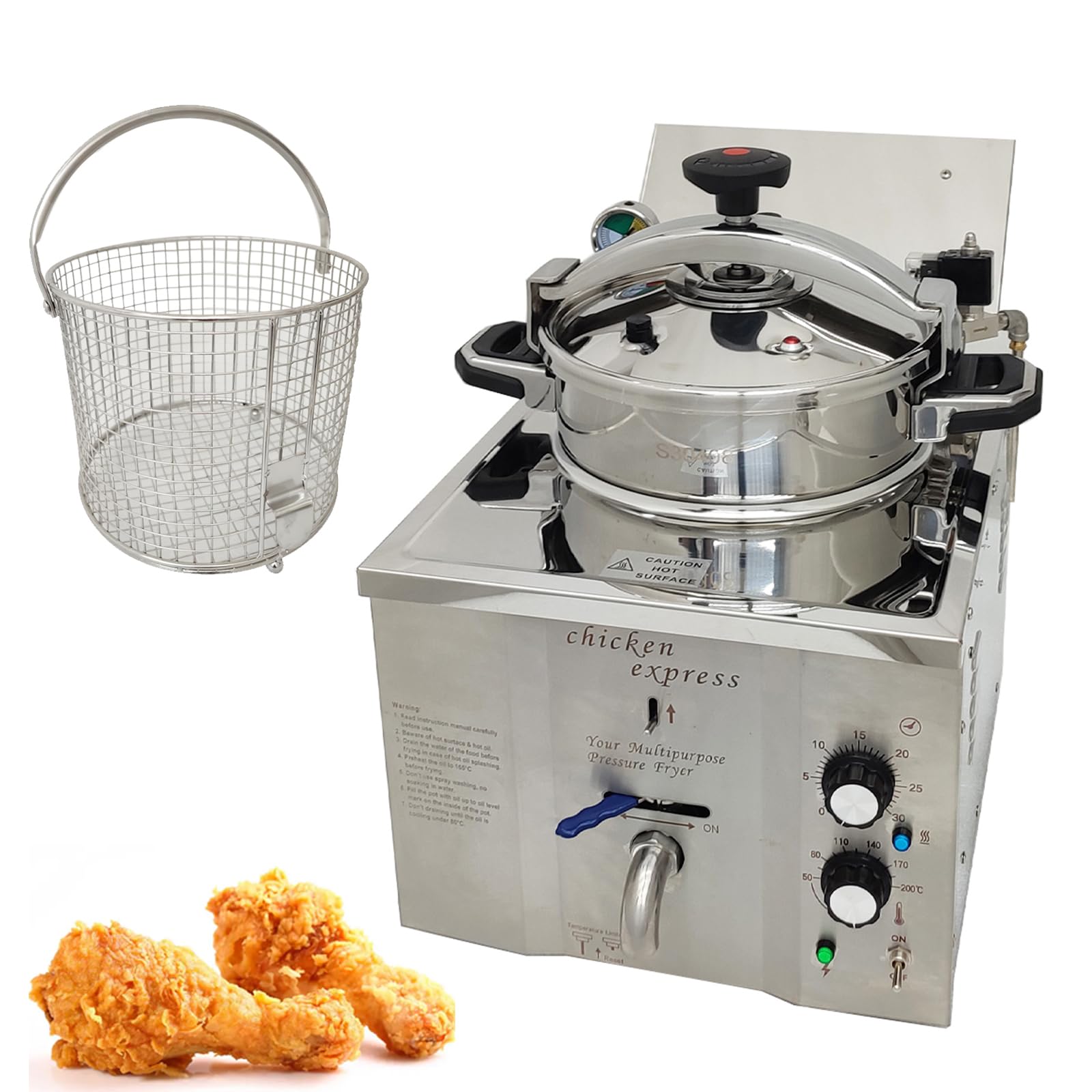 INTBUYING 16L Commercial Electric Pressure Fryer 2.4KW 110V Stainless Steel High-Pressure Deep Fryer Countertop Fried Chicken Stove with Basket/Timer/Thermostat for Chicken Meat Fish French Fries