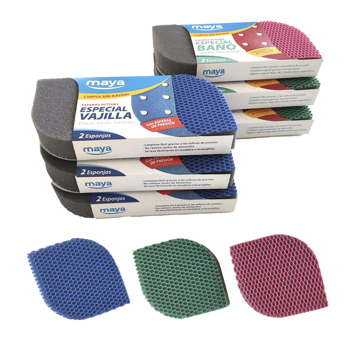 MAYA Confezione da 6 spugne per WC EVO + 6 spugne EVO per stoviglie. Pulisce senza graffi. Adatto a tutte le superfici senza lasciare bolle. Lavabile in lavatrice. Dimensioni 12 x 8,5 x 2,5 cm