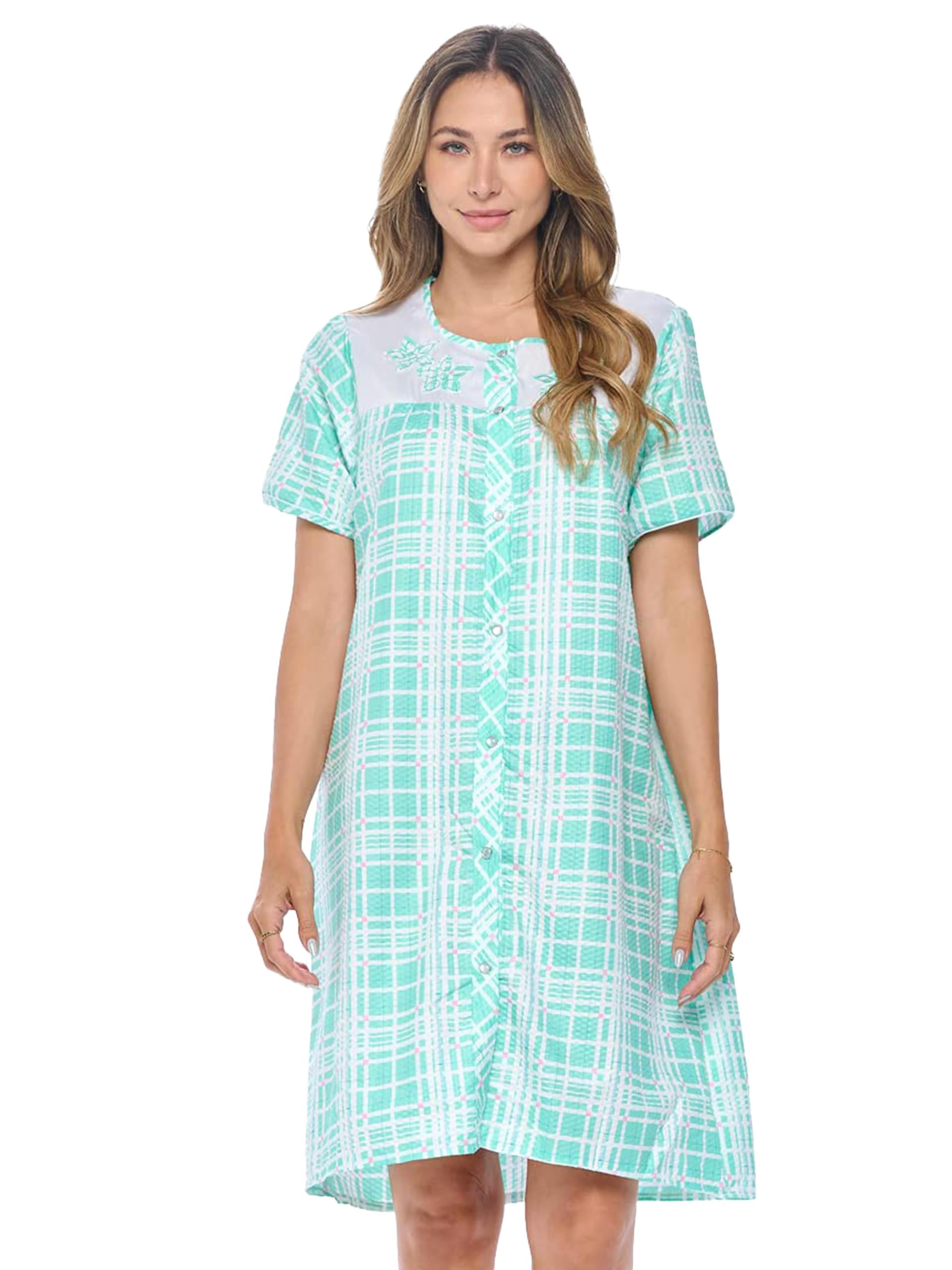 Casual Nights Women's Snap - Front House Dress Short Sleeve Woven Housecoat Duster Lounger Robe with Pockets