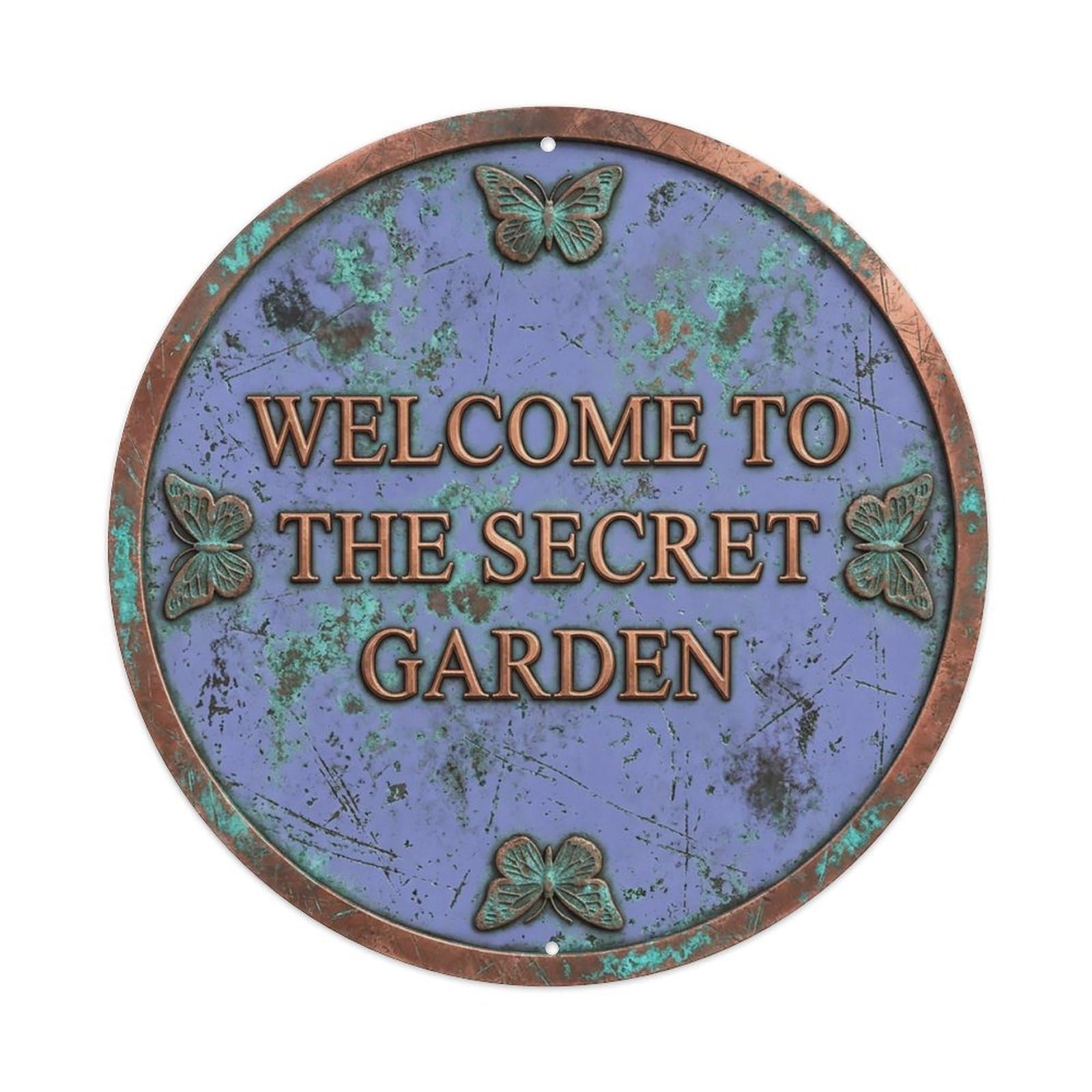 Vintage Welcome Secret Garden Copper Periwinkle Patina Metal Tin Sign