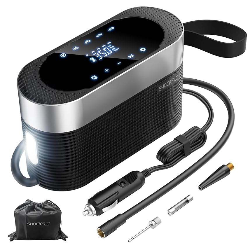 Immagine del prodotto ShockFlo Compressore Aria Portatile,150PSI Mini Compressore Portatile Ricaricabile Compressore Aria Pompa Portatile Gonfiatore con Schermo LCD,Torcia LED per Moto, Bici, Auto