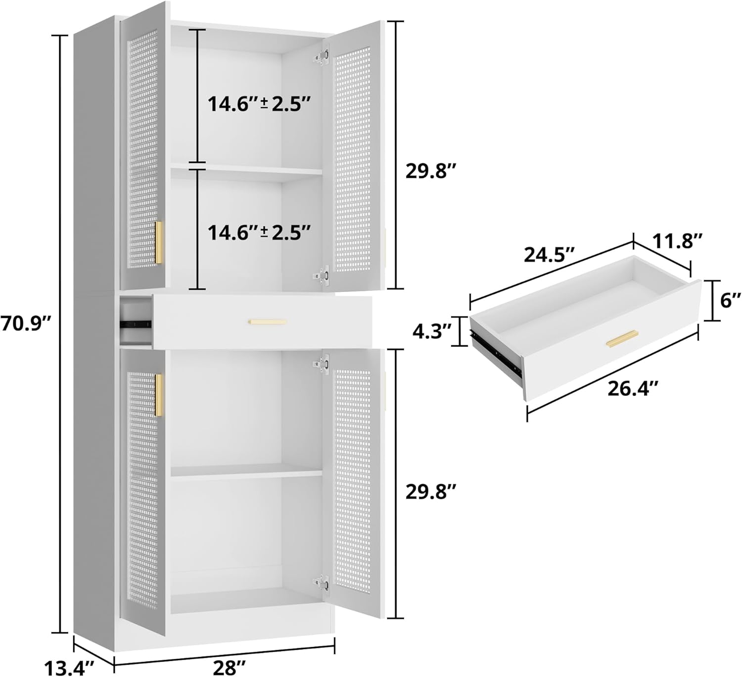 Cozy Castle Kitchen Pantry Cabinet, 71" Tall Rattan Doors Storage Cabinet with Large Drawer and Adjustable Shelves, Freestanding Rattan Pantry Cabinets for Kitchen, Dining Room, Living Room, White