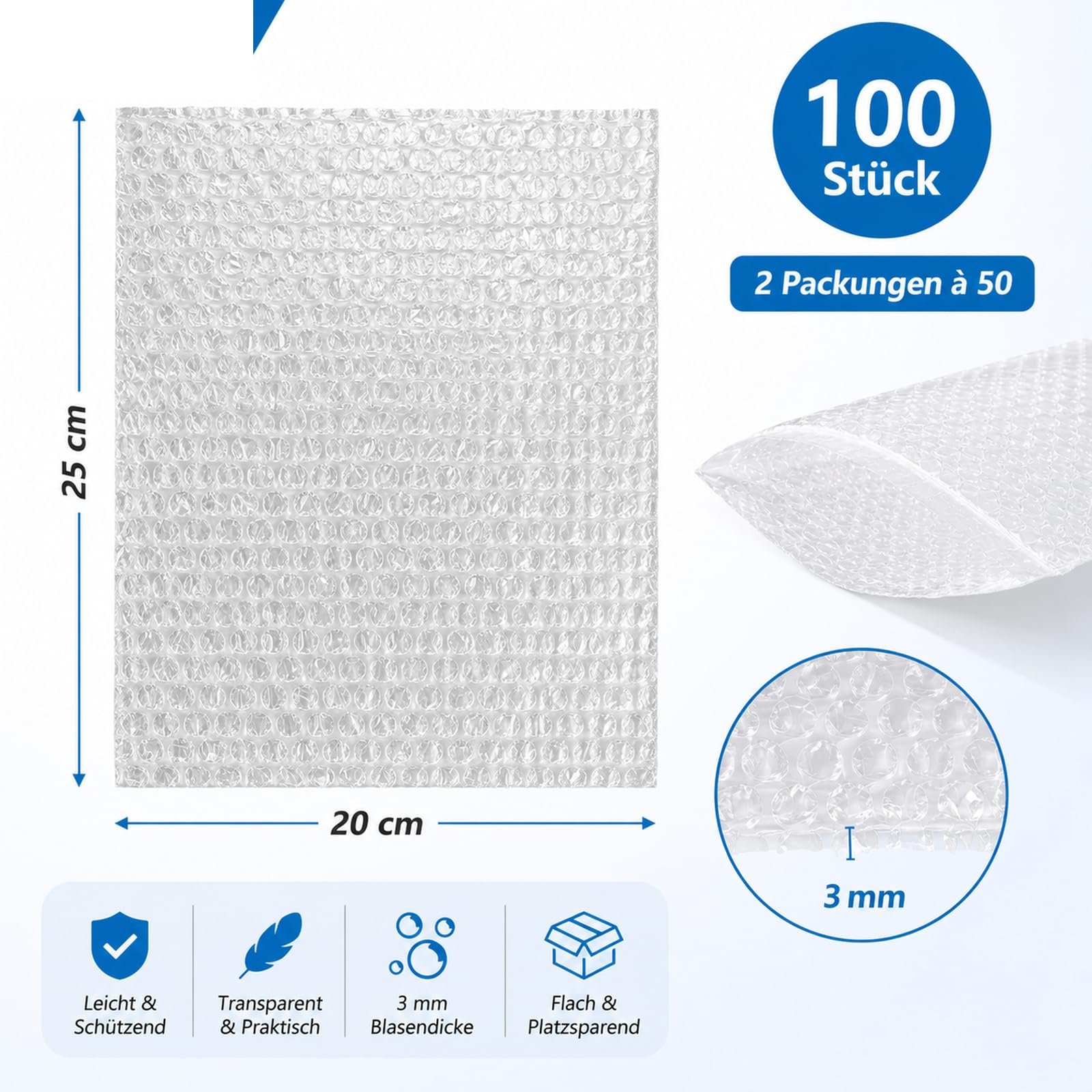 CYEER 100 Bolsas de Burbujas de 20 x 25 cm, Material de Embalaje para Mudanzas, Acolchado Resistente a los Golpes