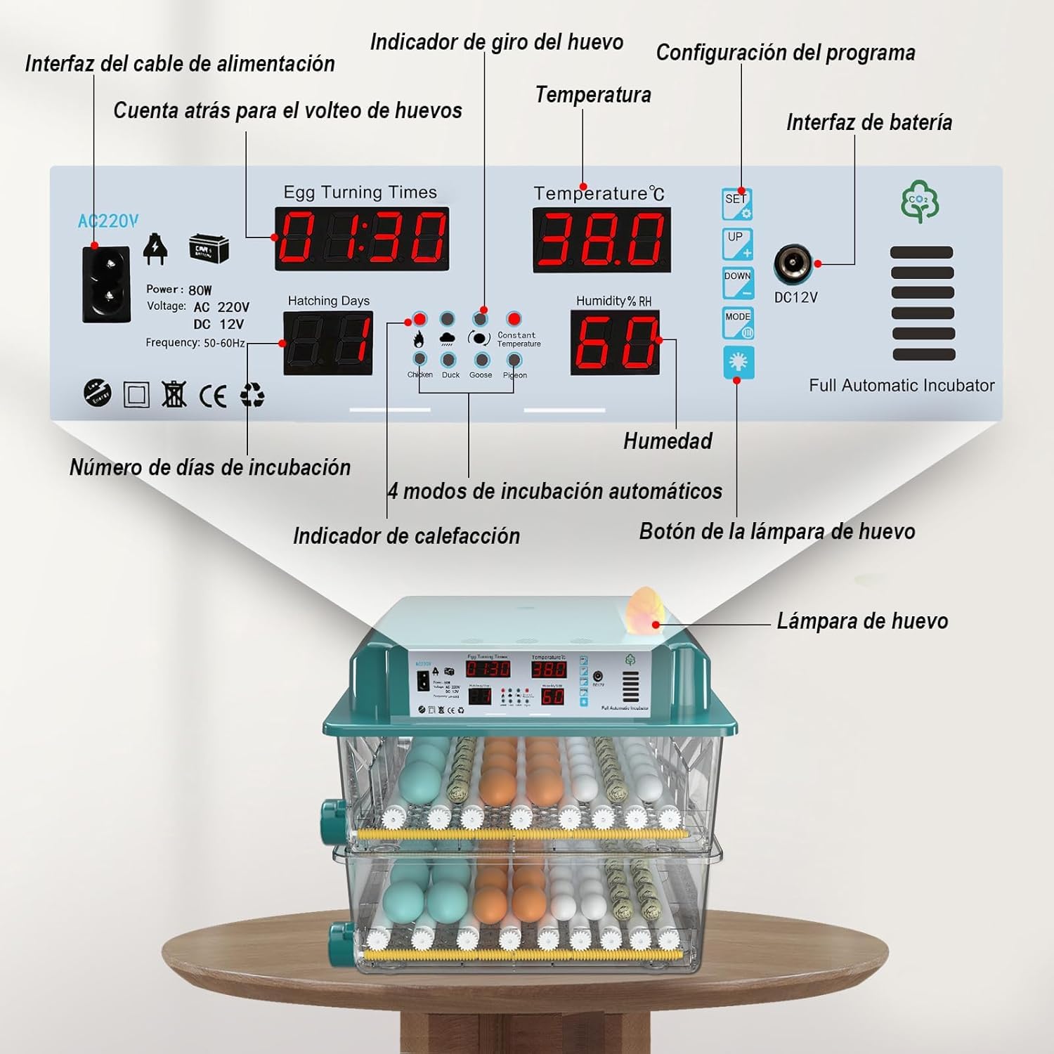 Incubatrice per Uova 120 Pezzi, Incubatrice per Uova Automatica con 4 Modalità di Incubazione, Riempimento Automatico dell'Acqua, Display Temperatura e Umidità, Incubatrice per Uova di Gallina