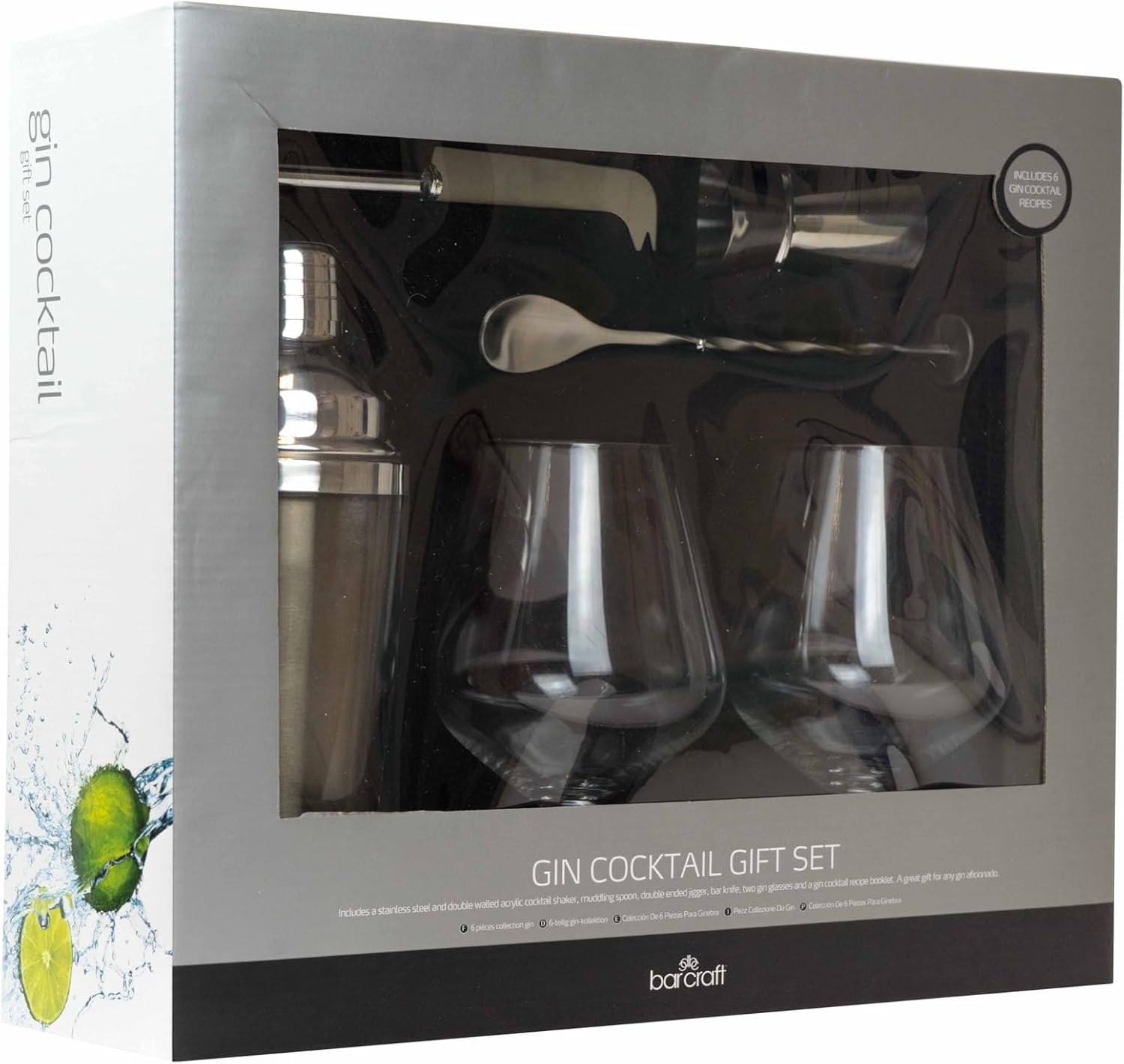 BarCraft Luxury Gin Gift Set Including Gin Glasses, Cocktail Shaker, Muddler Spoon, Dual Bar Measure, Bar Knife and Drink Recipes Mixing Kit – Stainless Steel