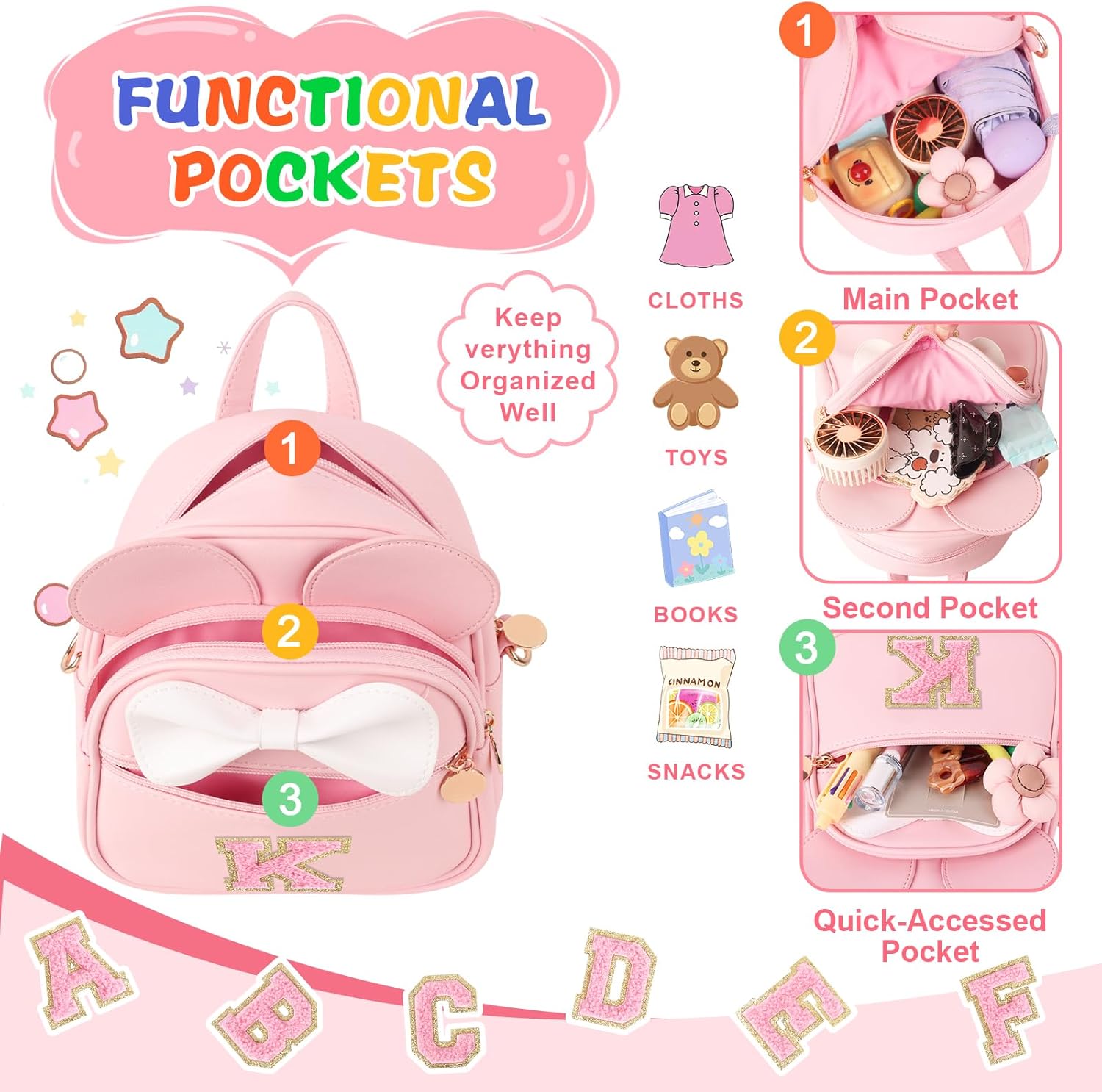 Personalized Toddler Backpack for Girls 3–10, Cute Mini Bowknot Mouse-Ear Toddler Bookbag Crossbody Purse, Small Daypack Wallet Set, Initial Birthday Gift, Trendy Little Kids/Teen Bag(Pink,K) - Image 7