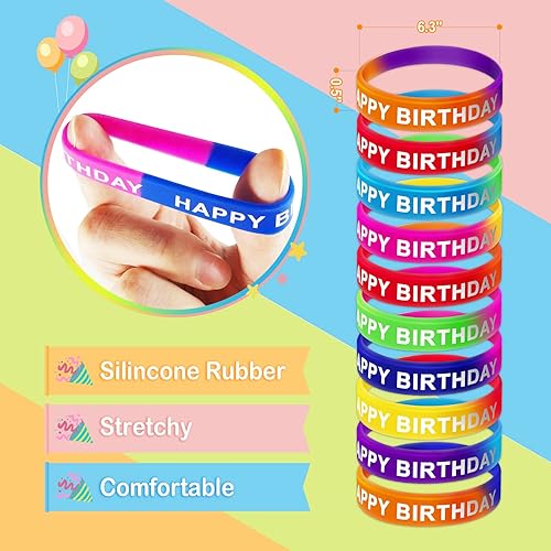 Miniatura 3 de Kits de 120 piezas de feliz cumpleaños para el aula de niños, incluye sombreros de feliz cumpleaños, pulseras elásticas de silicona de colores,