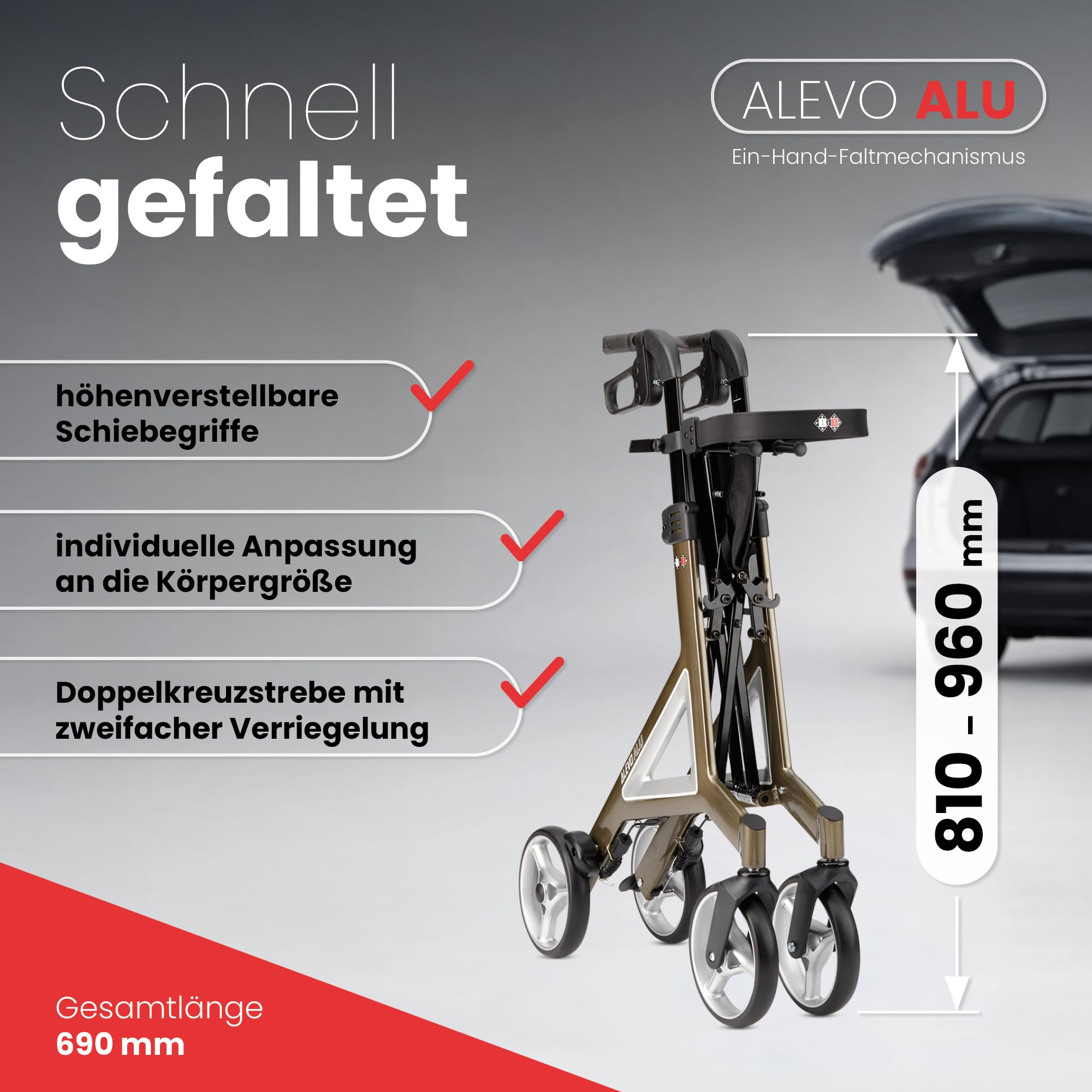 Bischoff & Bischoff Alevo - Andador plegable de aluminio SH 58,5 cm, ligero, para interior y exterior, con asiento estable y bolsa extraíble, color platino