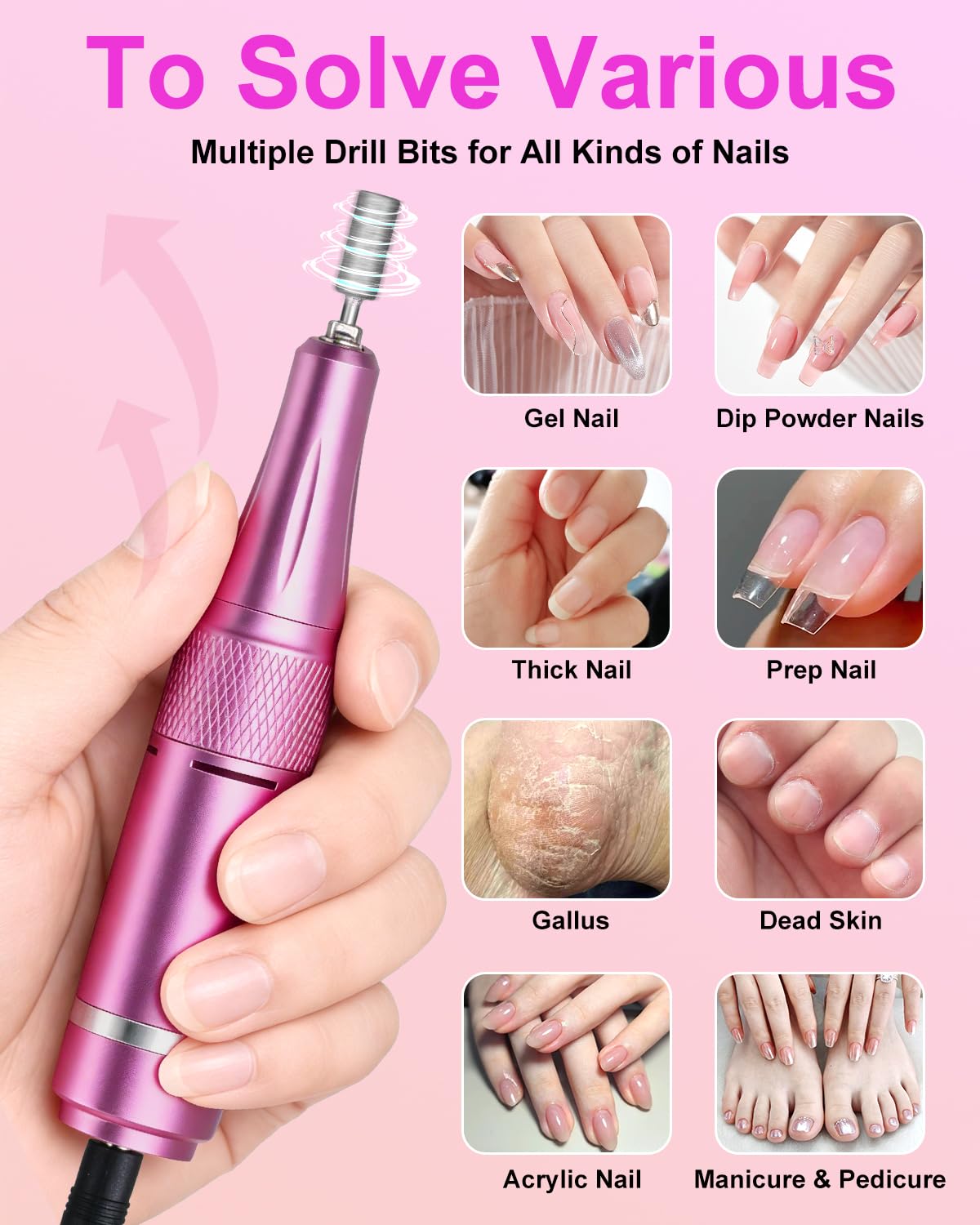 Kit de taladro de uñas profesional de 35000 RPM con clip, portátil, inalámbrico, recargable, velocidad ajustable con pantalla LCD y 14 puntas para manicura de gel acrílico, pedicura, adecuado para