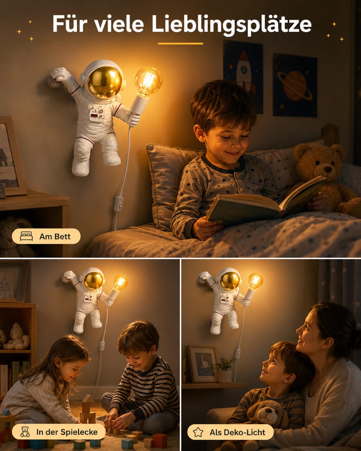 FREEUP Lámpara de pared moderna con enchufe y cable, lámpara de pared infantil para niños niñas, luz nocturna astronauta E27 luz de pared, blanco
